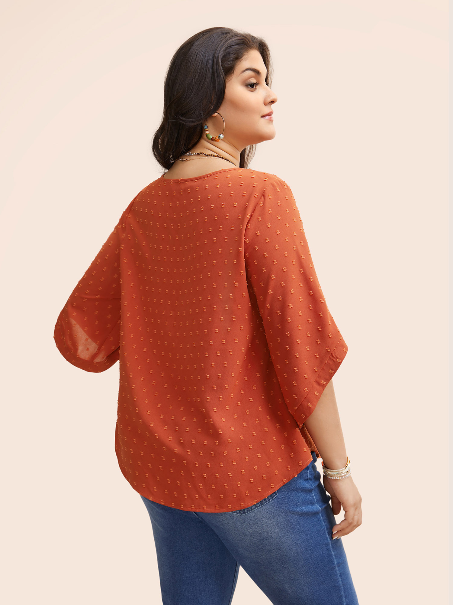 

Plus Size OrangeRed Textured Round Neck Bell Sleeve Blouse Women Elegant Elbow-length sleeve Round Neck Everyday Blouses BloomChic