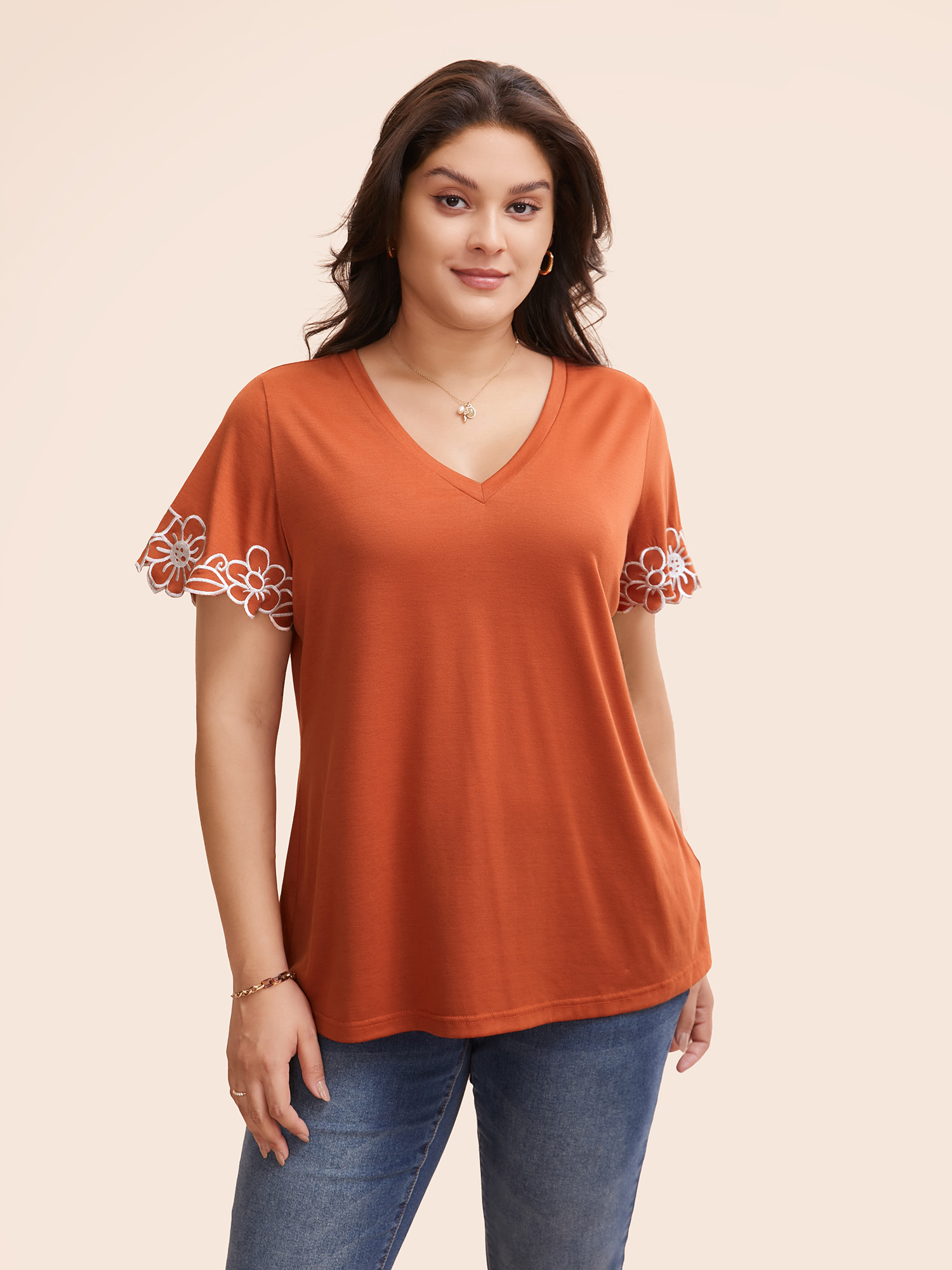 

Plus Size V Neck Floral Embroidered T-shirt Rust Women Resort Embroidered V-neck Vacation T-shirts BloomChic