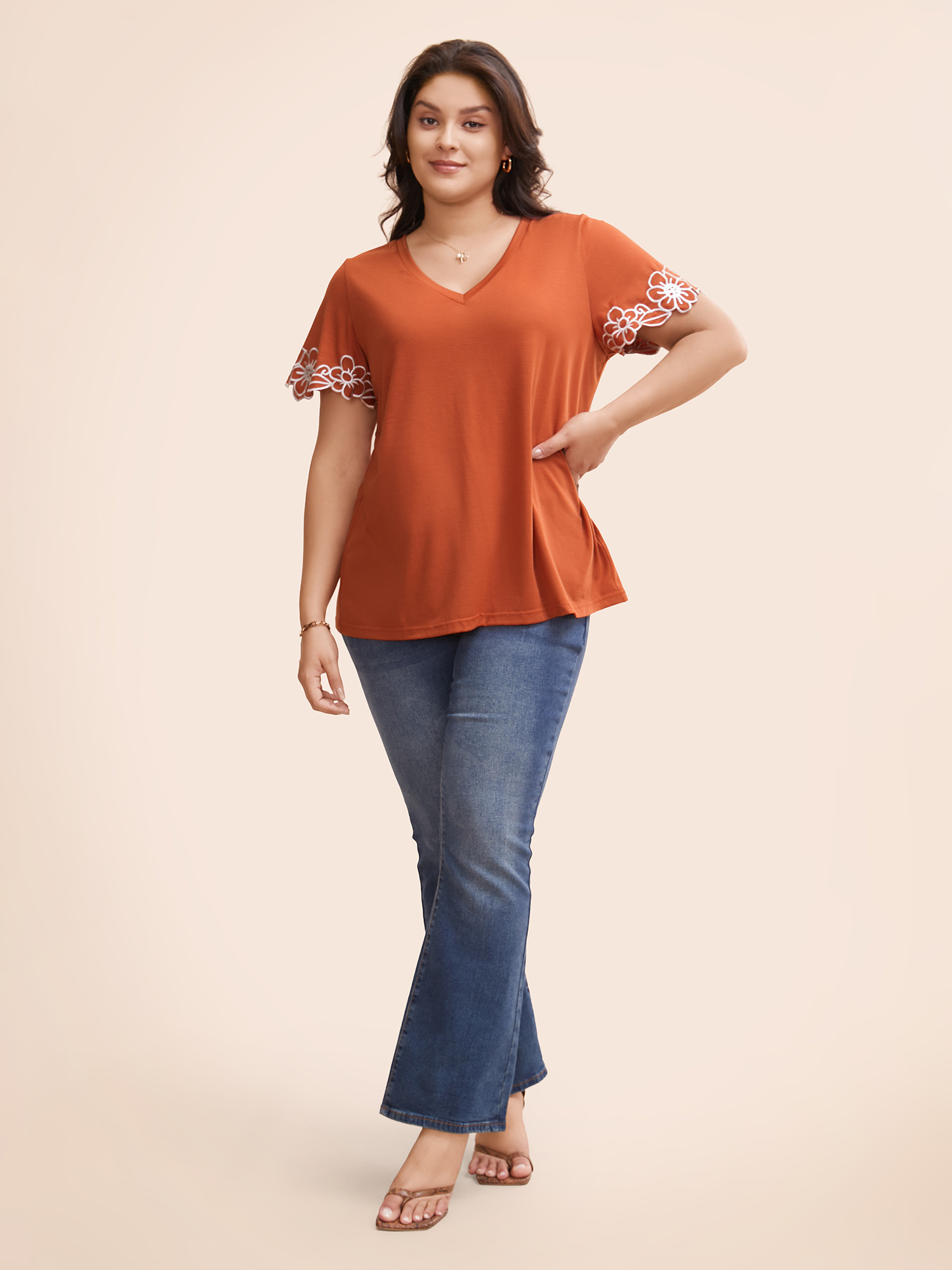 

Plus Size V Neck Floral Embroidered T-shirt Rust Women Resort Embroidered V-neck Vacation T-shirts BloomChic