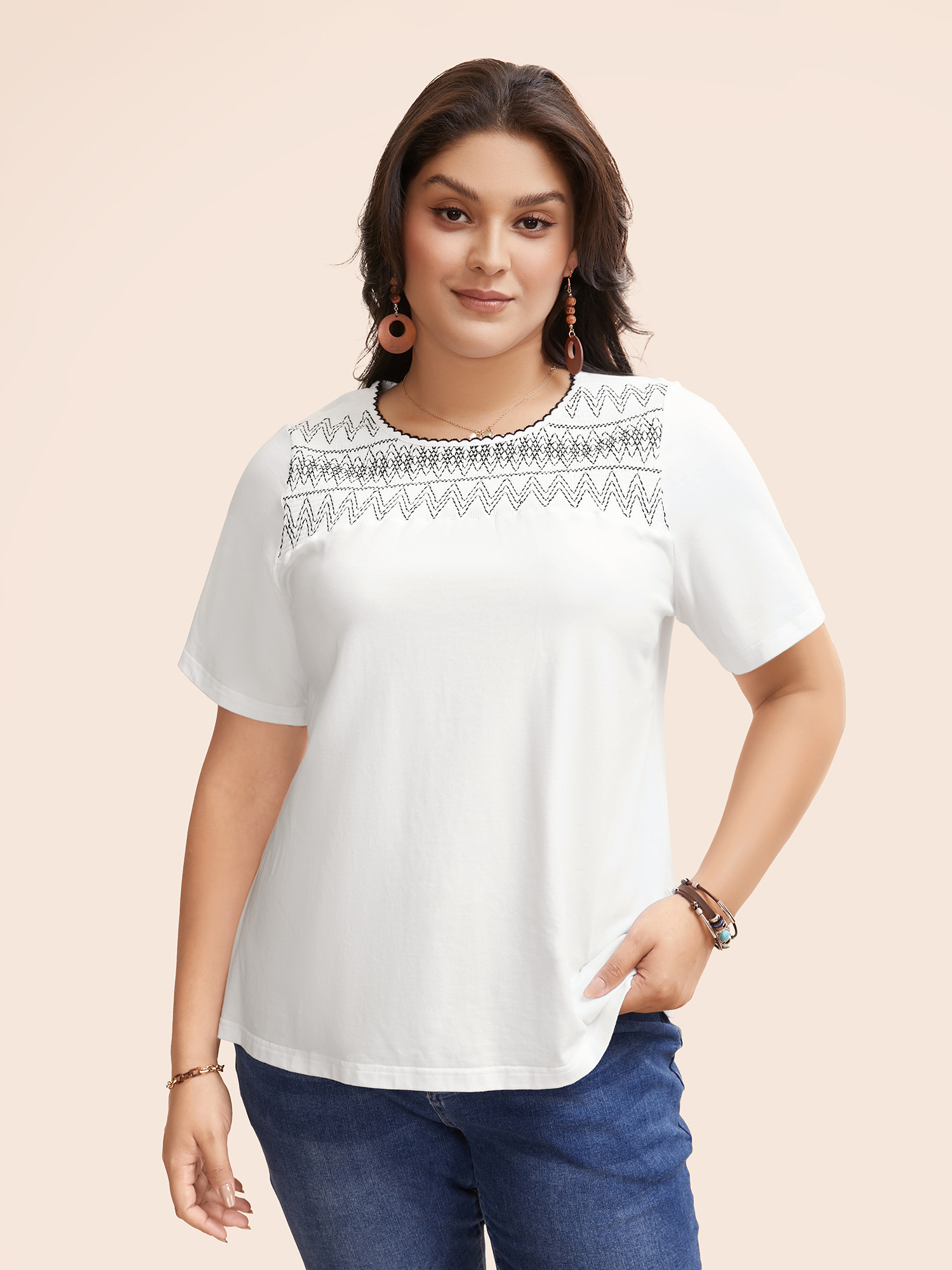 

Plus Size Round Neck Embroidered Shirred T-shirt Originalwhite Women Resort Woven ribbon&lace trim Art&design Round Neck Vacation T-shirts BloomChic