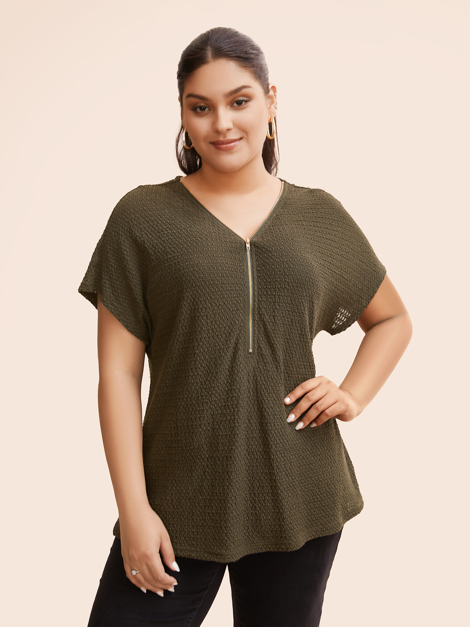 

Plus Size Texture Half Zip Batwing Sleeve T-shirt ArmyGreen Women Casual Texture V-neck Everyday T-shirts BloomChic