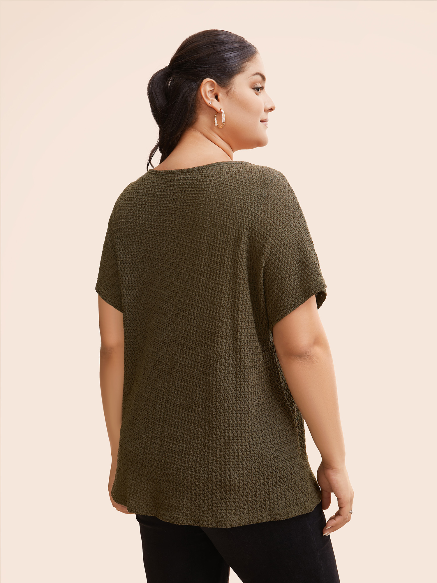 

Plus Size Texture Half Zip Batwing Sleeve T-shirt ArmyGreen Women Casual Texture V-neck Everyday T-shirts BloomChic