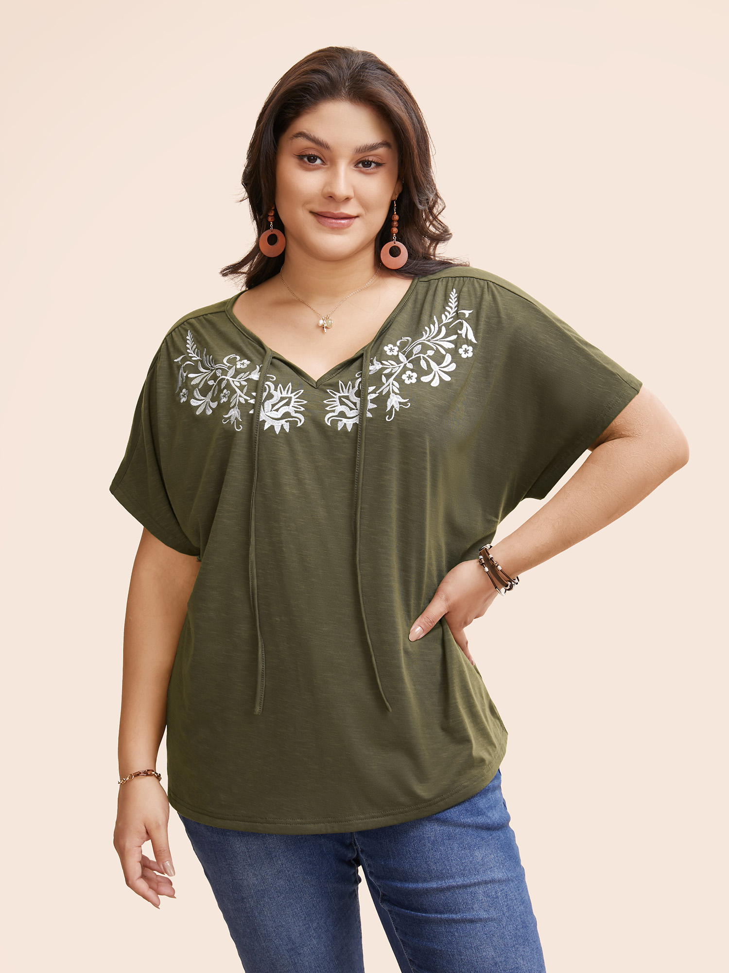 

Plus Size Floral Embroidered Tie Knot Dolman Sleeve T-shirt ArmyGreen Women Resort Tie knot Art&design V-neck Vacation T-shirts BloomChic