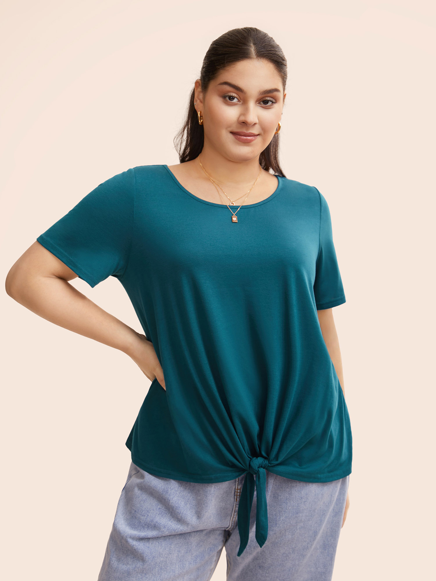 

Plus Size Solid Round Neck Tie Knot T-shirt Cyan Women Casual Knotted Round Neck Everyday T-shirts BloomChic