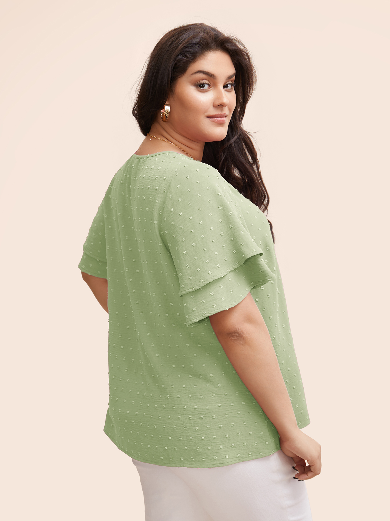 

Plus Size Mint Plain Ruffle Tiered Sleeve V Neck Polka Dot Blouse Women Elegant Short sleeve V-neck Everyday Blouses BloomChic