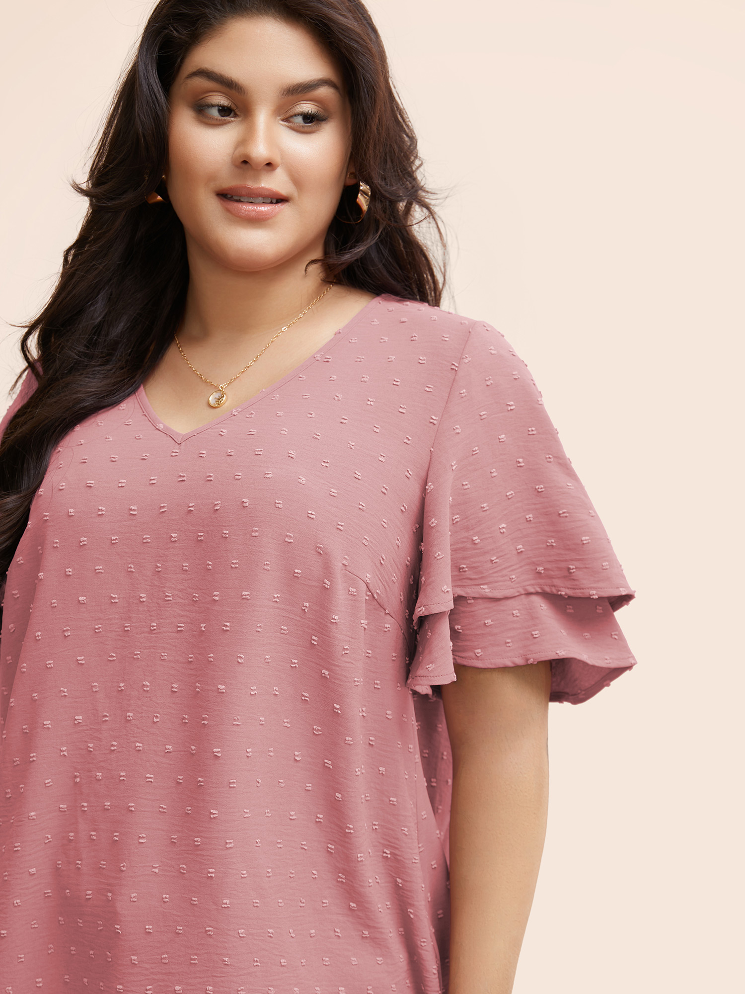 

Plus Size DustyPink Plain Ruffle Tiered Sleeve V Neck Polka Dot Blouse Women Elegant Short sleeve V-neck Everyday Blouses BloomChic