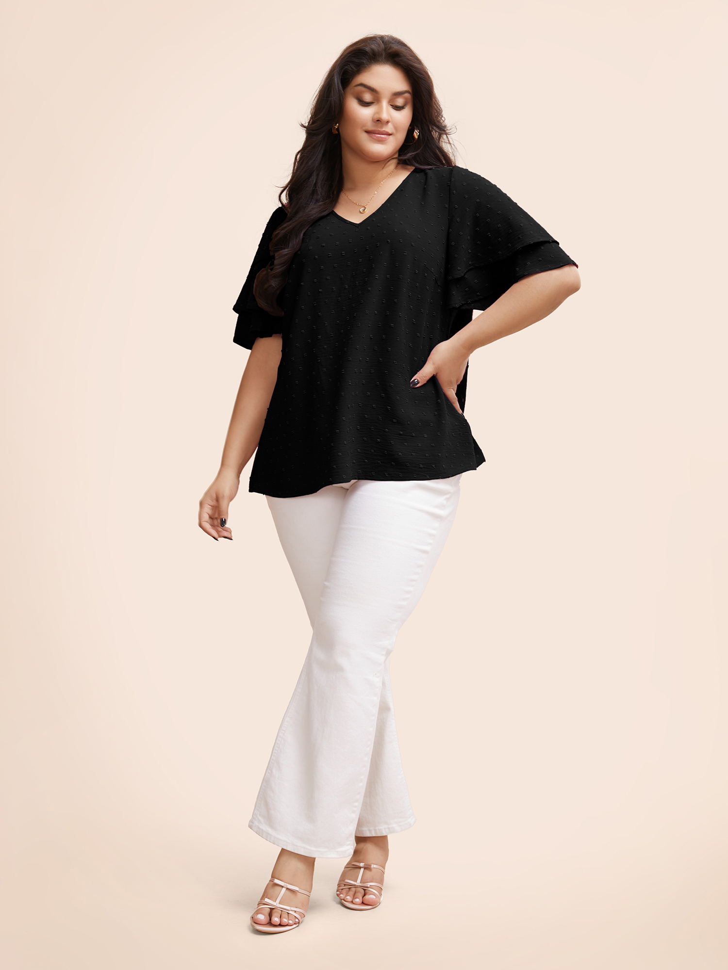 

Plus Size Black Plain Ruffle Tiered Sleeve V Neck Polka Dot Blouse Women Elegant Short sleeve V-neck Everyday Blouses BloomChic