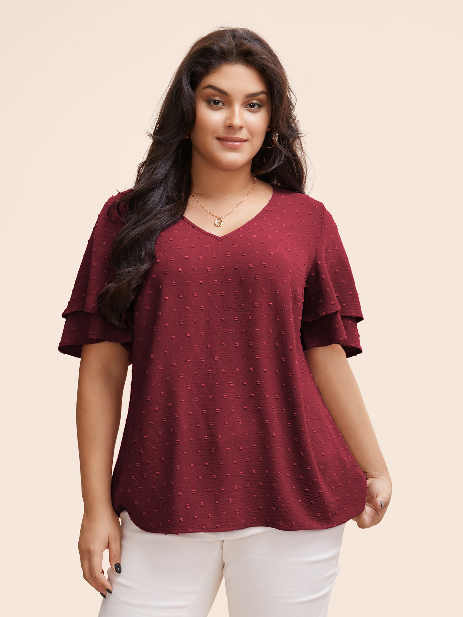 

Plus Size Burgundy Plain Ruffle Tiered Sleeve V Neck Polka Dot Blouse Women Elegant Short sleeve V-neck Everyday Blouses BloomChic