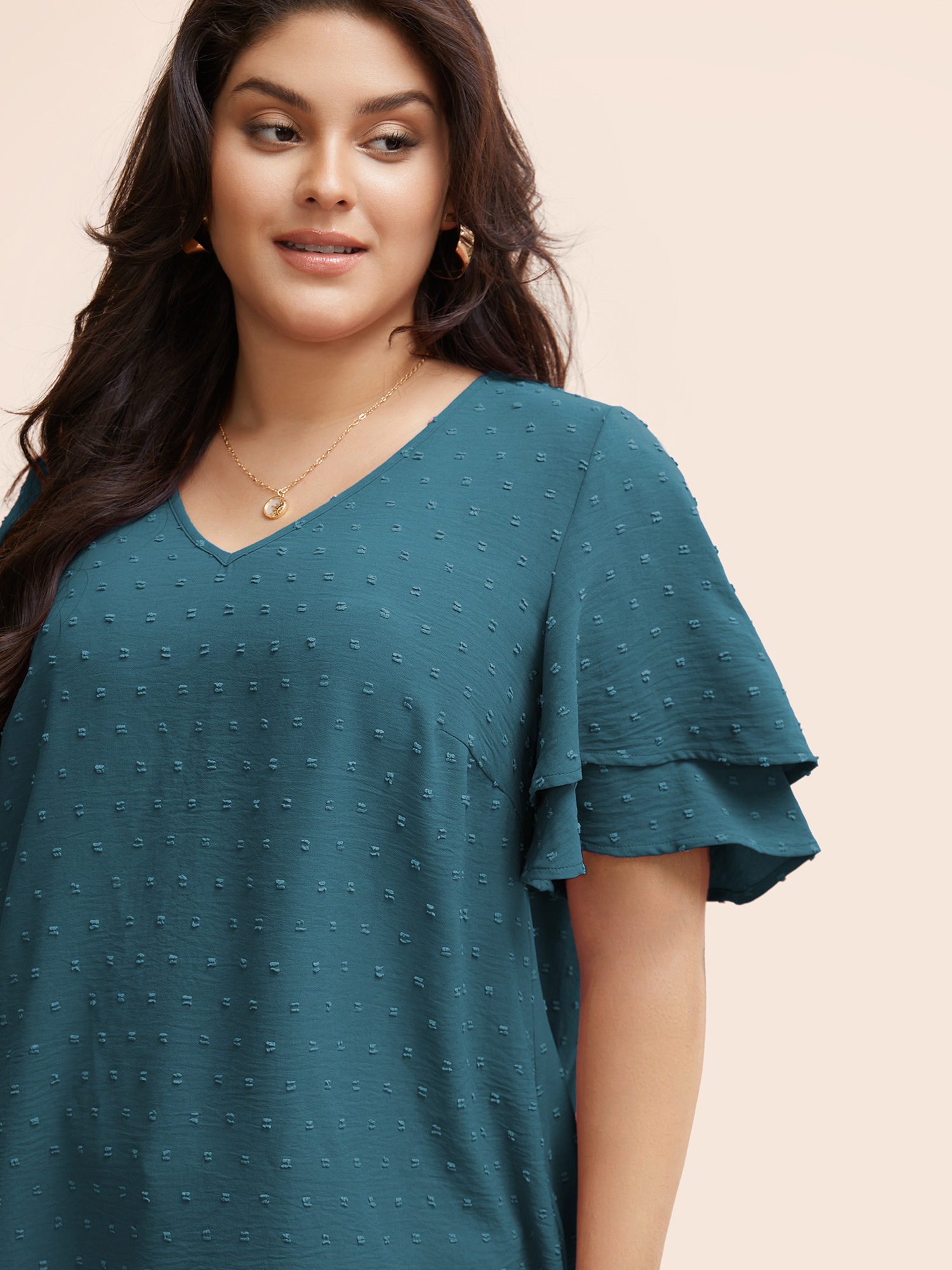 

Plus Size Cerulean Plain Ruffle Tiered Sleeve V Neck Polka Dot Blouse Women Elegant Short sleeve V-neck Everyday Blouses BloomChic