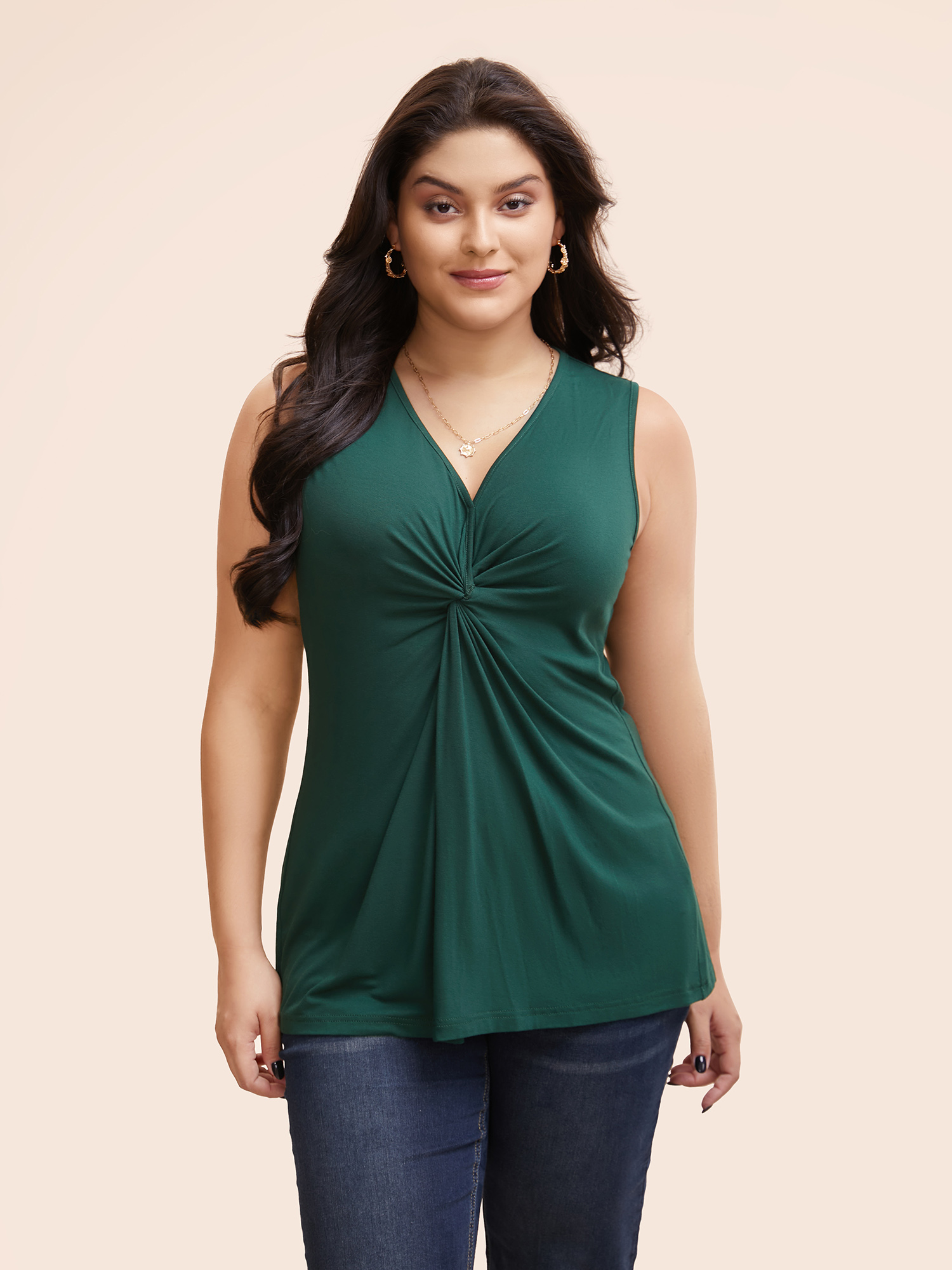 

Plus Size Supersoft Essentials Plain V Neck Twist Front Tank Top Women DarkGreen Elegant Twist-front V-neck Dailywear Tank Tops Camis BloomChic