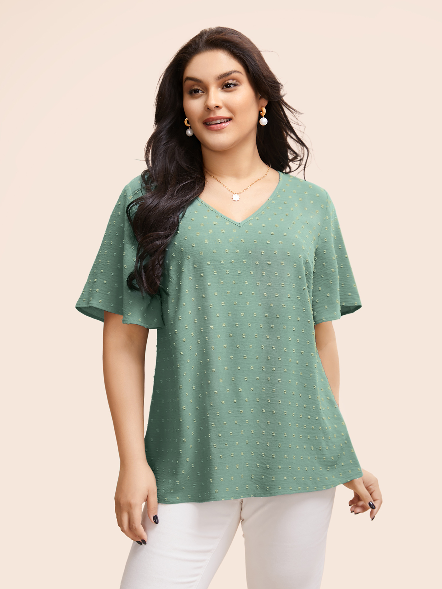 

Plus Size Turquoise Polka Dot Lace Sleeve Blouse Women Elegant Short sleeve V-neck Everyday Blouses BloomChic