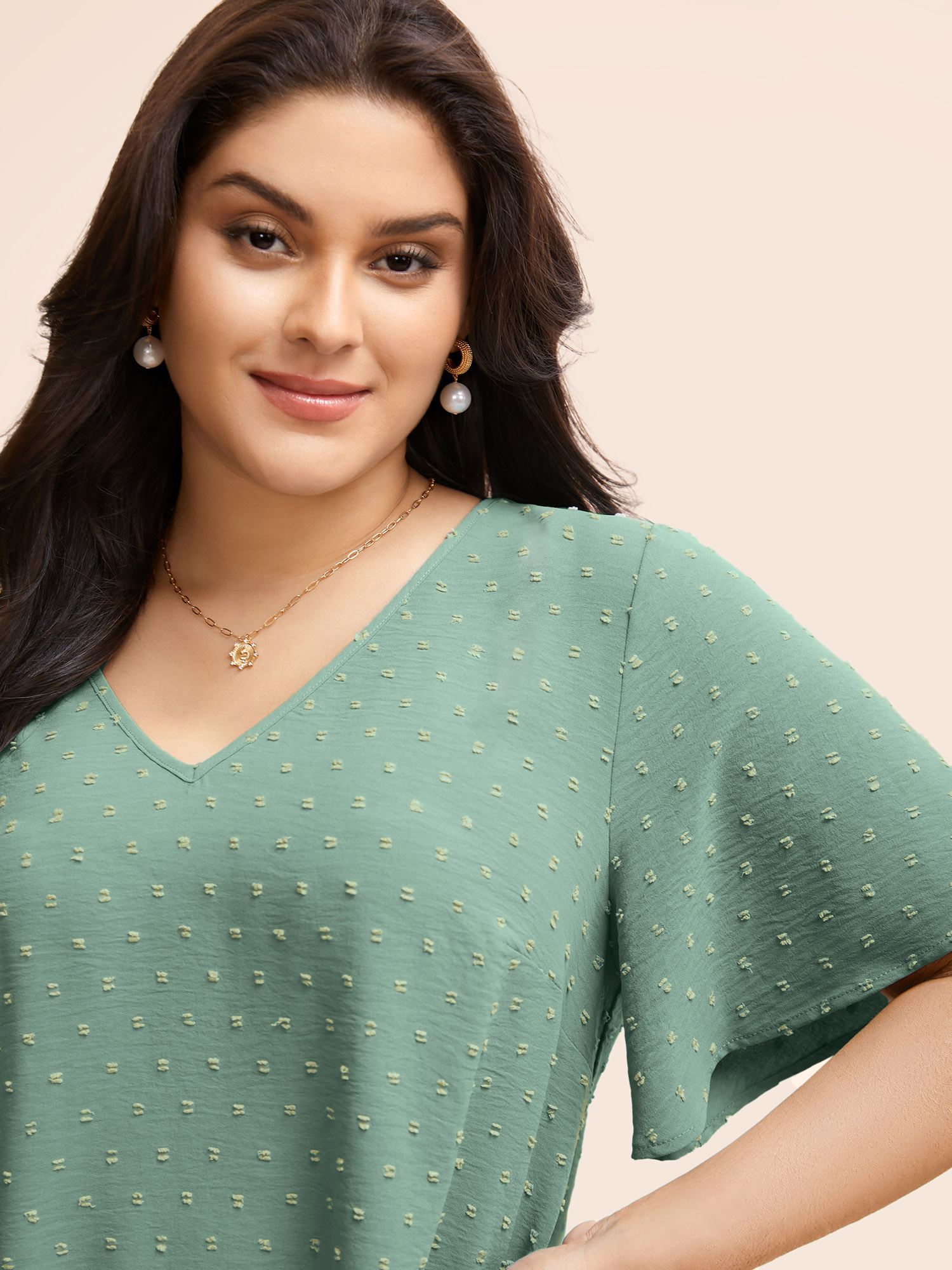 

Plus Size Turquoise Polka Dot Lace Sleeve Blouse Women Elegant Short sleeve V-neck Everyday Blouses BloomChic