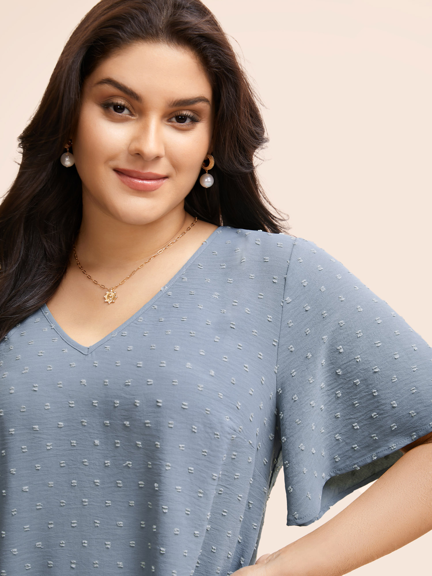 Plus Size Stone Polka Dot Lace Sleeve Blouse Women Elegant Short sleeve V-neck Everyday Blouses BloomChic 22-24/3X 