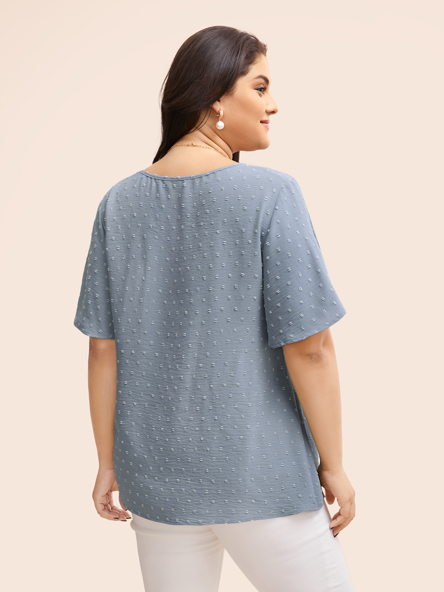 Plus Size Stone Polka Dot Lace Sleeve Blouse Women Elegant Short sleeve V-neck Everyday Blouses BloomChic 22-24/3X 