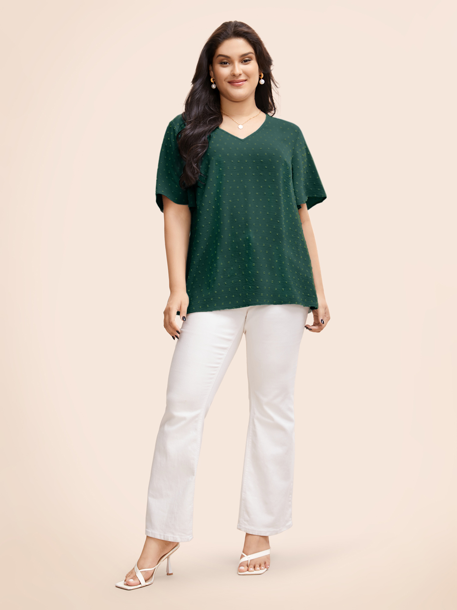Plus Size DarkGreen Polka Dot Lace Sleeve Blouse Women Elegant Short sleeve V-neck Everyday Blouses BloomChic 10/M 
