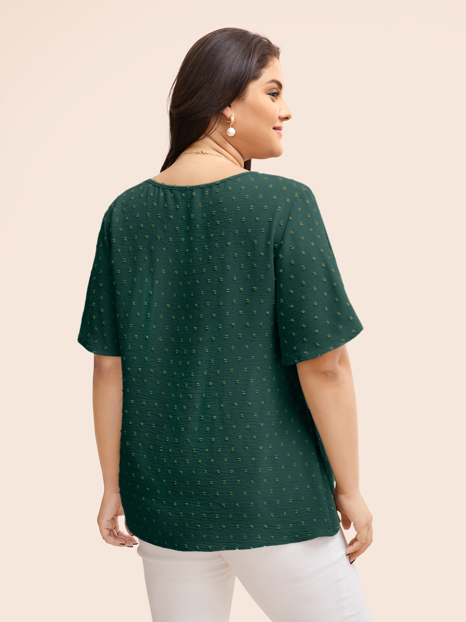 Plus Size DarkGreen Polka Dot Lace Sleeve Blouse Women Elegant Short sleeve V-neck Everyday Blouses BloomChic 10/M 