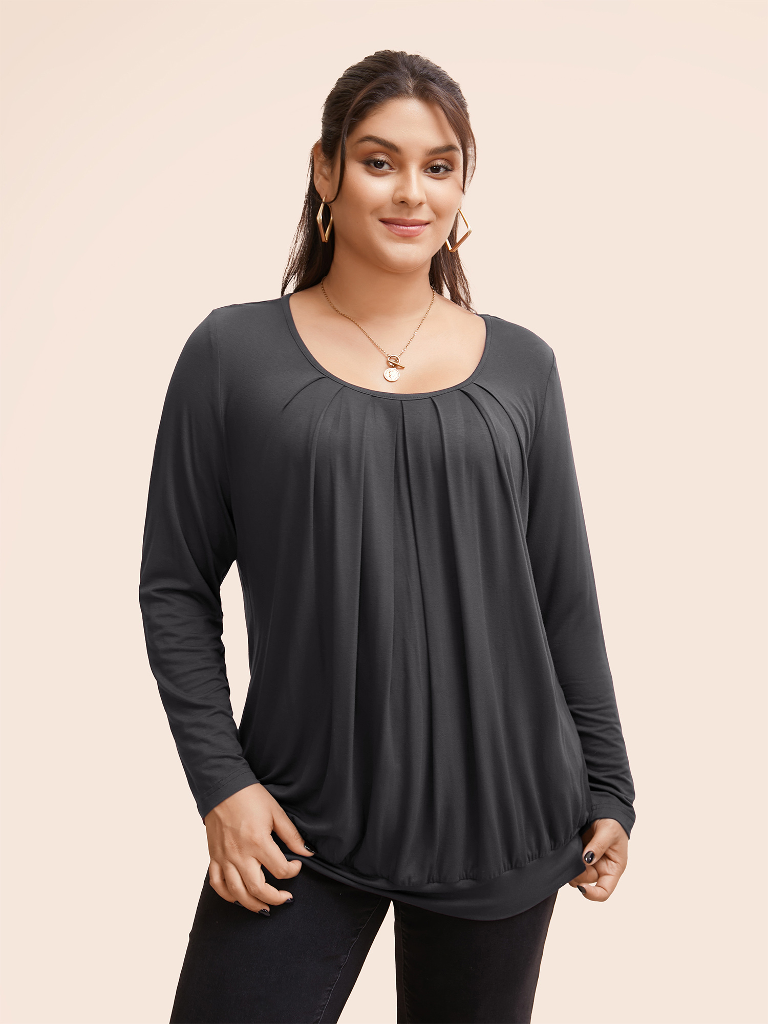 

Plain Pleated Round Neck T-shirt, Gray