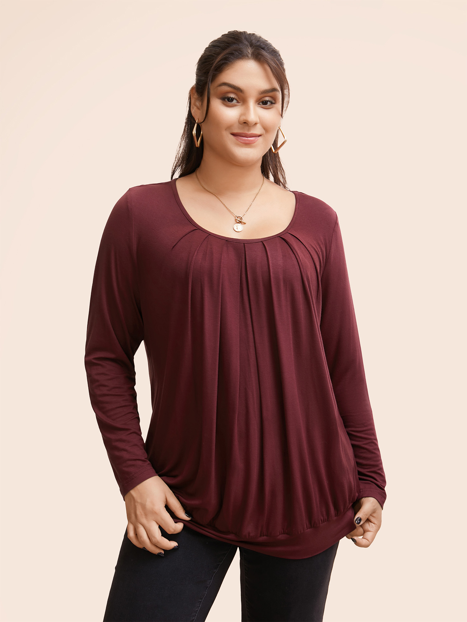 

Plus Size Plain Pleated Round Neck T-shirt Burgundy Women Casual Plain Plain Round Neck Dailywear T-shirts BloomChic