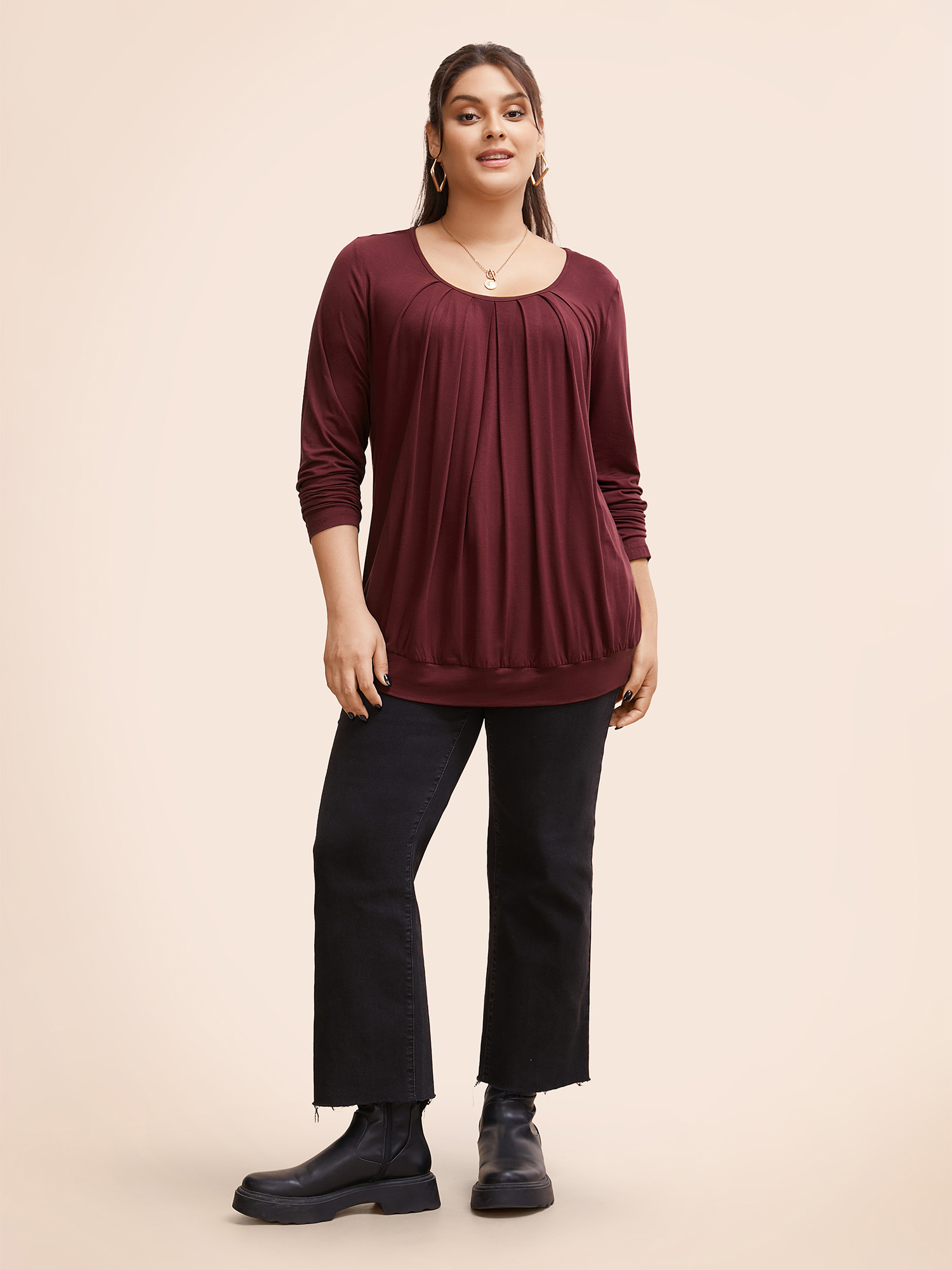 

Plus Size Plain Pleated Round Neck T-shirt Burgundy Round Neck Long Sleeve Casual Jersey Tops