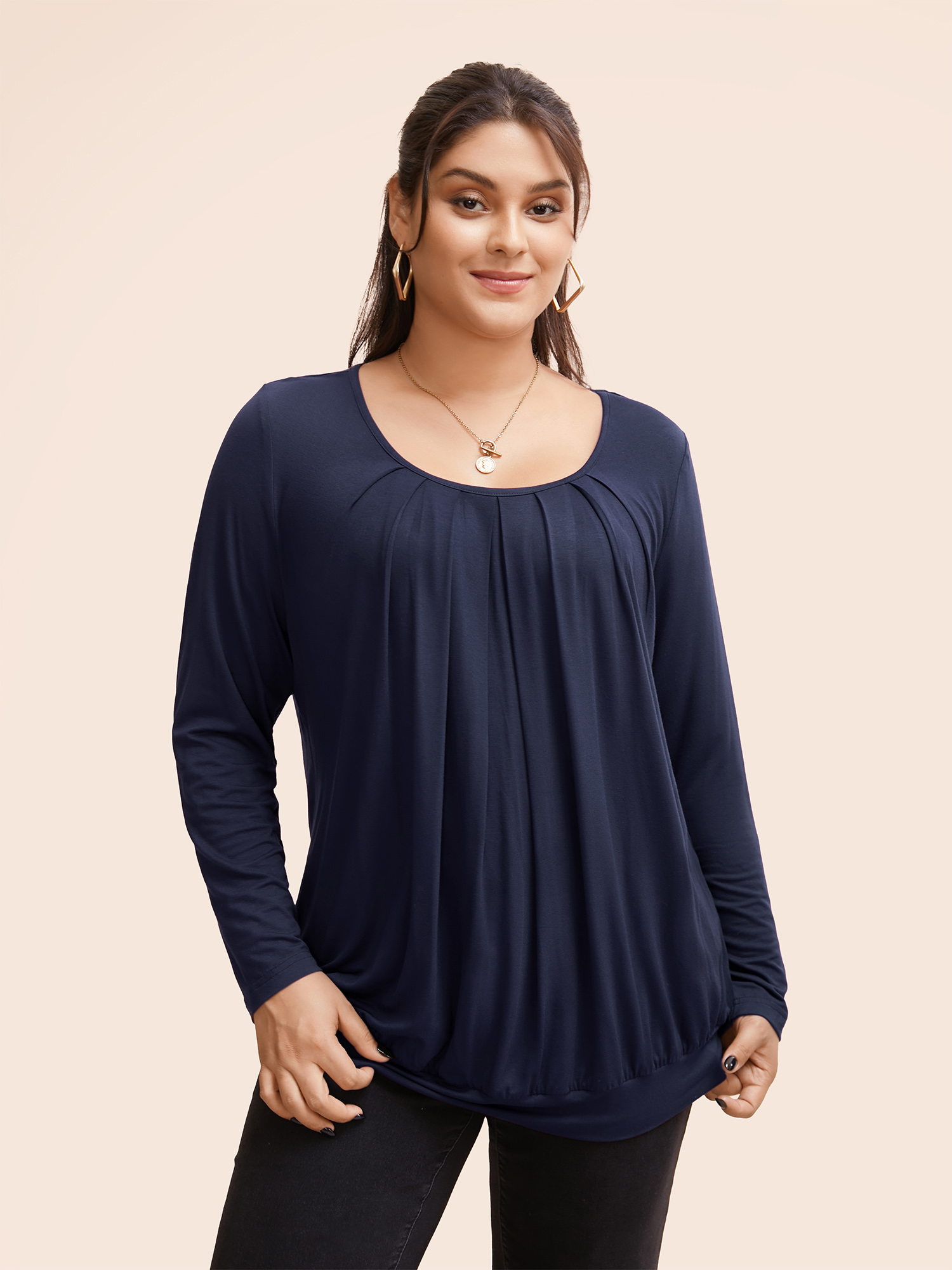 

Plain Pleated Round Neck T-shirt, Blue