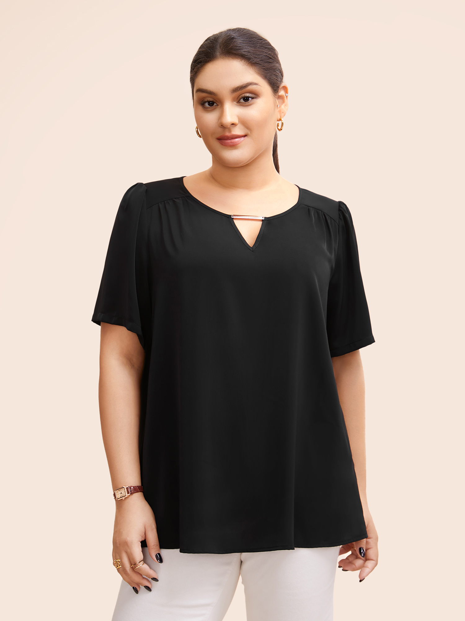 

Plus Size Black Anti-Wrinkle Plain Metal Detail Keyhole Neck Blouse Women Office Short sleeve V-neck Work Blouses BloomChic