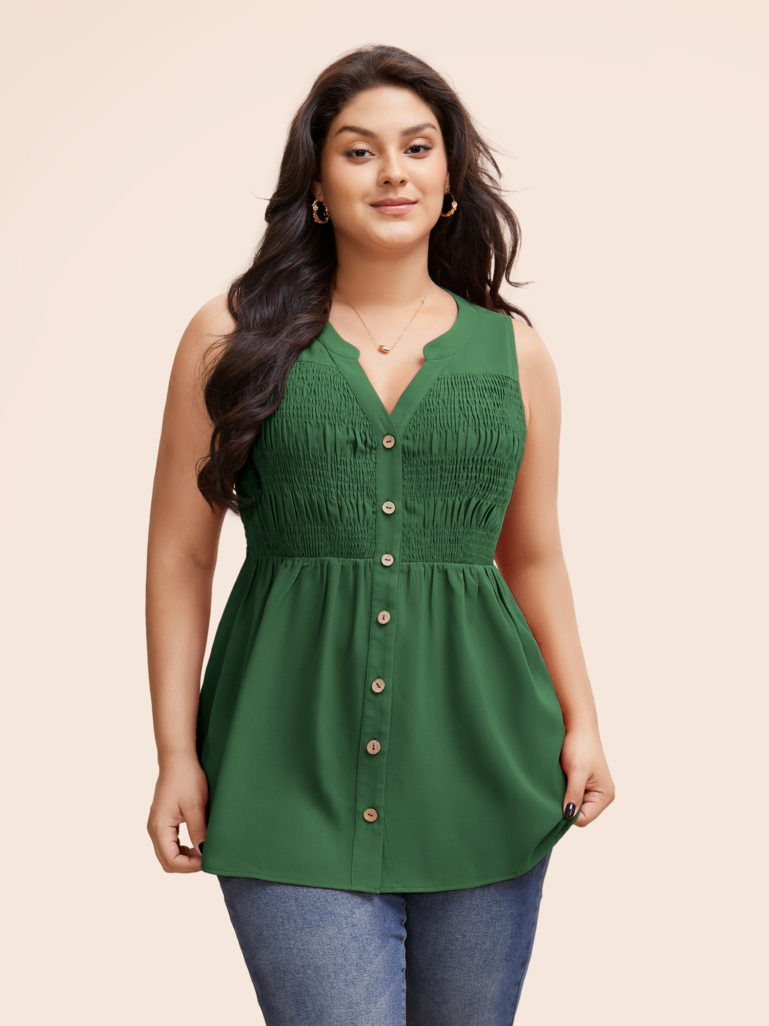 

Plus Size Plain Notched Neck Shirred Tank Top Women Green Elegant Gathered Notched collar Dailywear Tank Tops Camis BloomChic