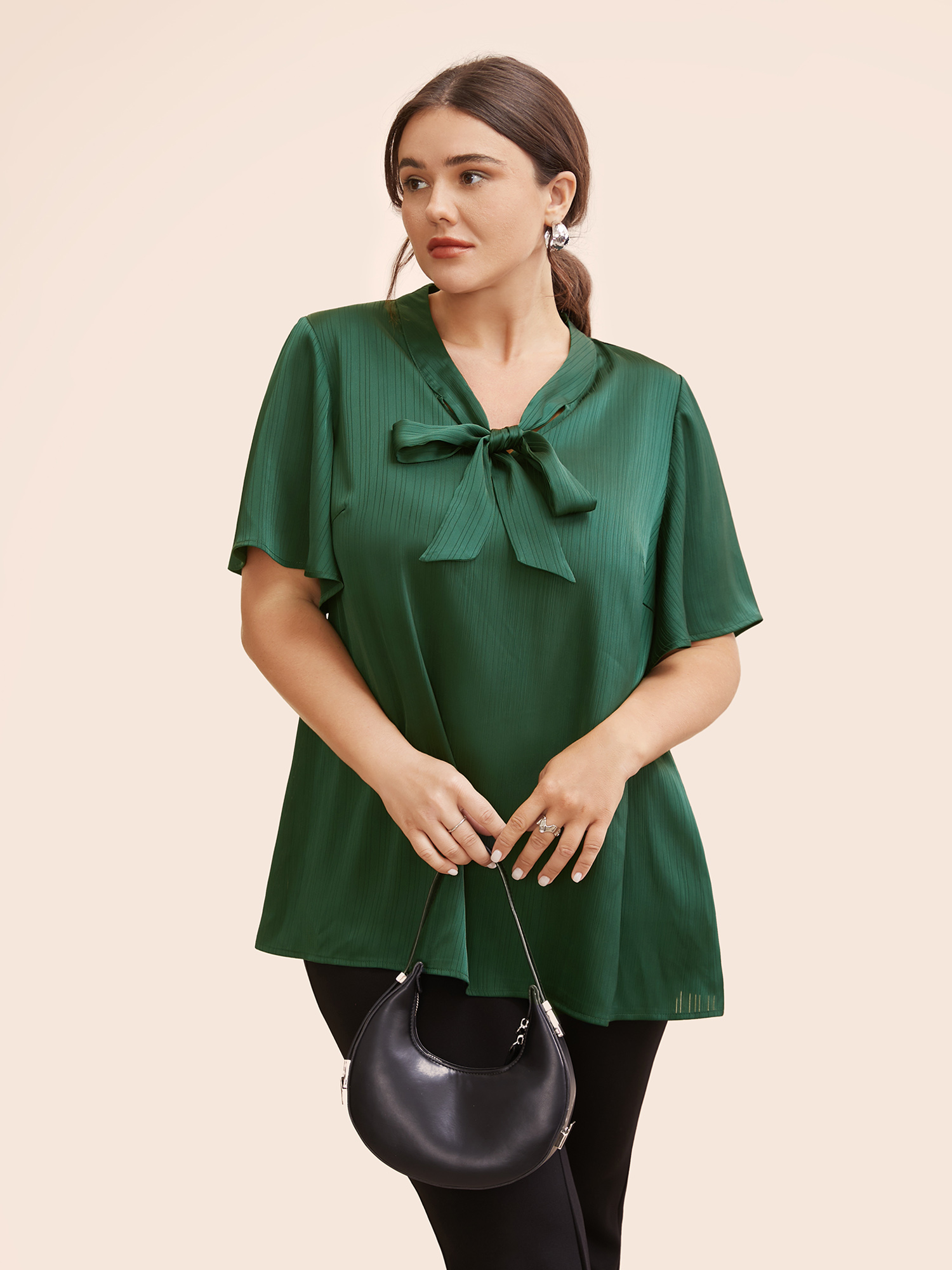 

Plus Size DarkGreen Plain Knot Neck Ruffle Sleeve Blouse Women Office Short sleeve Ribbon-tied collar Work Blouses BloomChic