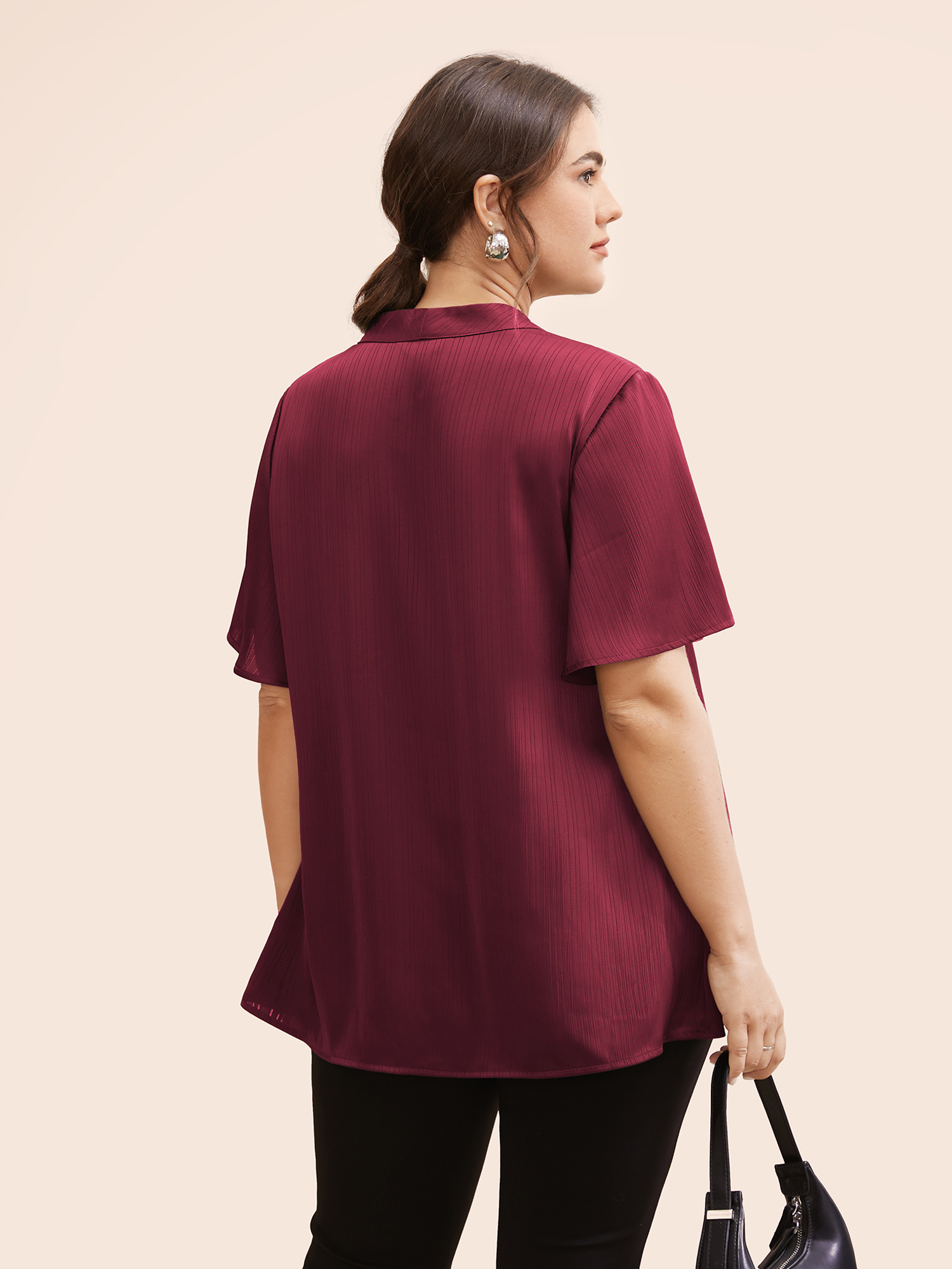 

Plus Size Burgundy Plain Knot Neck Ruffle Sleeve Blouse Women Office Short sleeve Ribbon-tied collar Work Blouses BloomChic