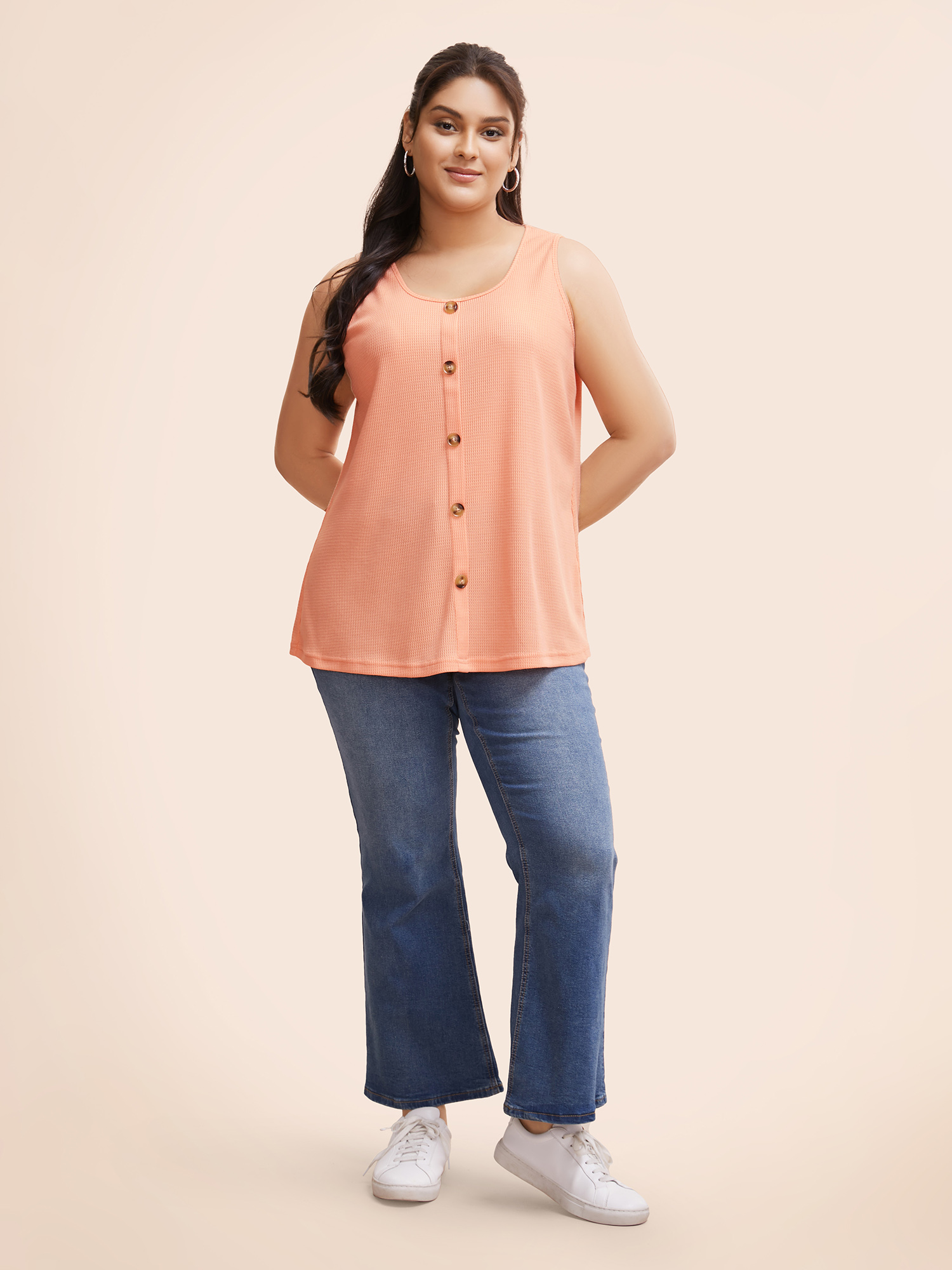 

Plus Size Solid Button Detail Waffle Knit Tank Top Women Coral Casual Button Round Neck Everyday Tank Tops Camis BloomChic