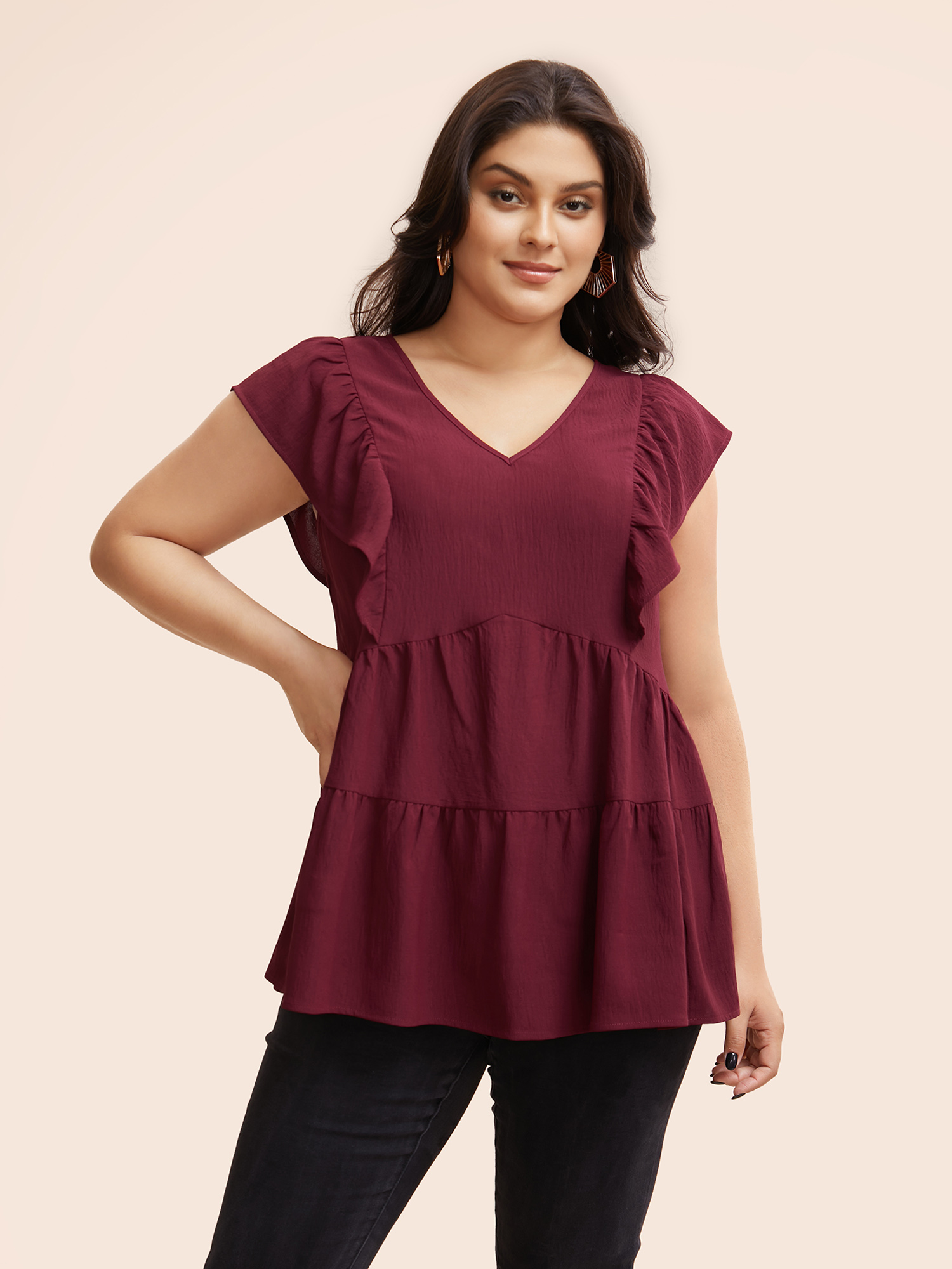 

Plus Size Burgundy Solid Layered Hem Ruffle Cap Sleeve Blouse Women Elegant Cap Sleeve V-neck Everyday Blouses BloomChic