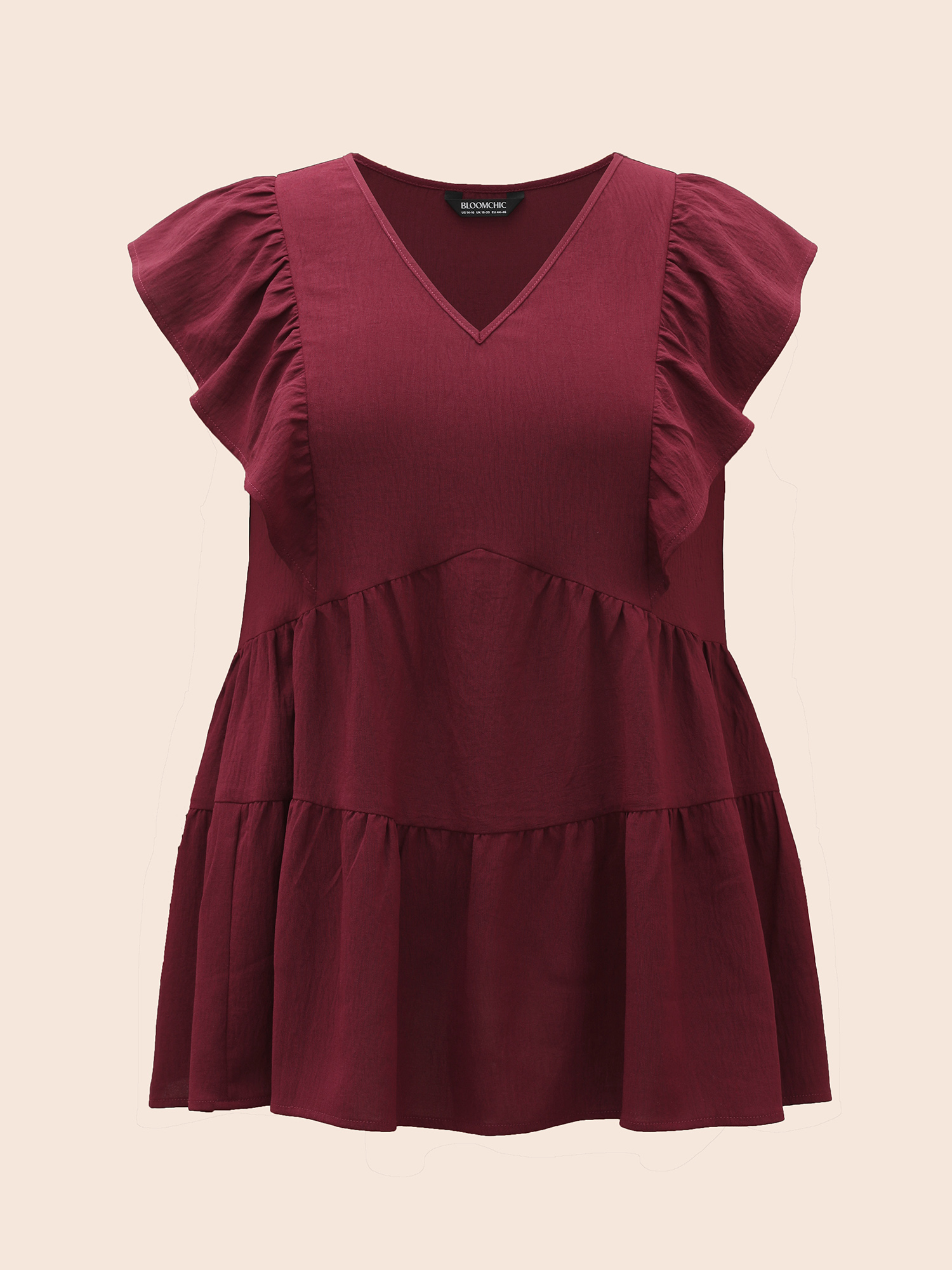 

Plus Size Burgundy Solid Layered Hem Ruffle Cap Sleeve Blouse Women Elegant Cap Sleeve V-neck Everyday Blouses BloomChic