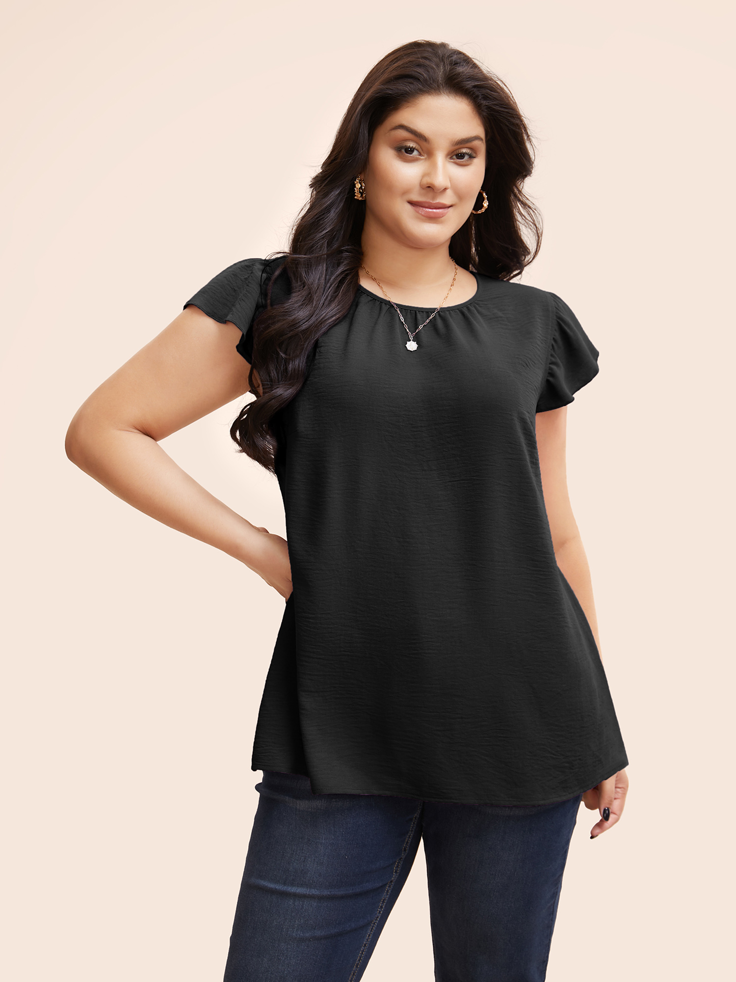 

Plus Size Black Solid Gathered Flutter Trim Blouse Women Elegant Cap Sleeve Round Neck Dailywear Blouses BloomChic