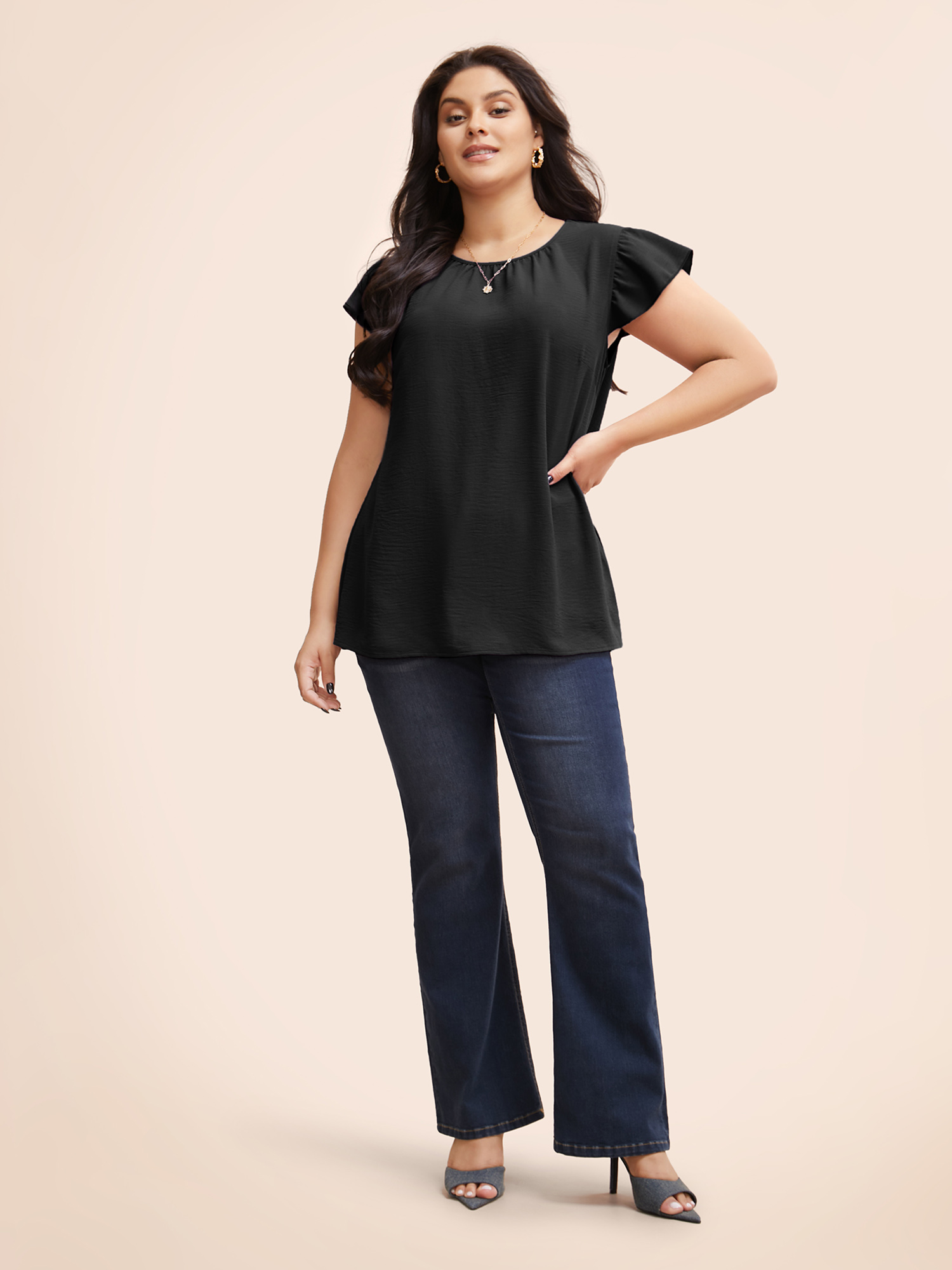 

Plus Size Black Solid Gathered Flutter Trim Blouse Women Elegant Cap Sleeve Round Neck Dailywear Blouses BloomChic