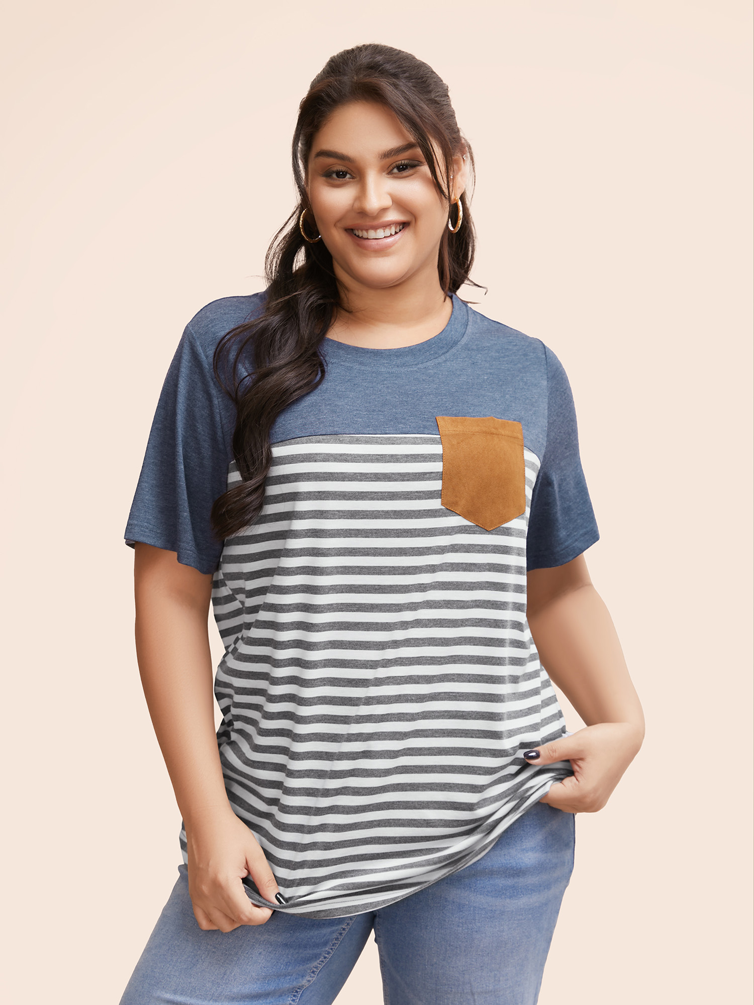 

Plus Size Striped Patchwork Round Neck Patched Pocket T-shirt Multicolor Women Casual Patchwork Striped Round Neck Dailywear T-shirts BloomChic