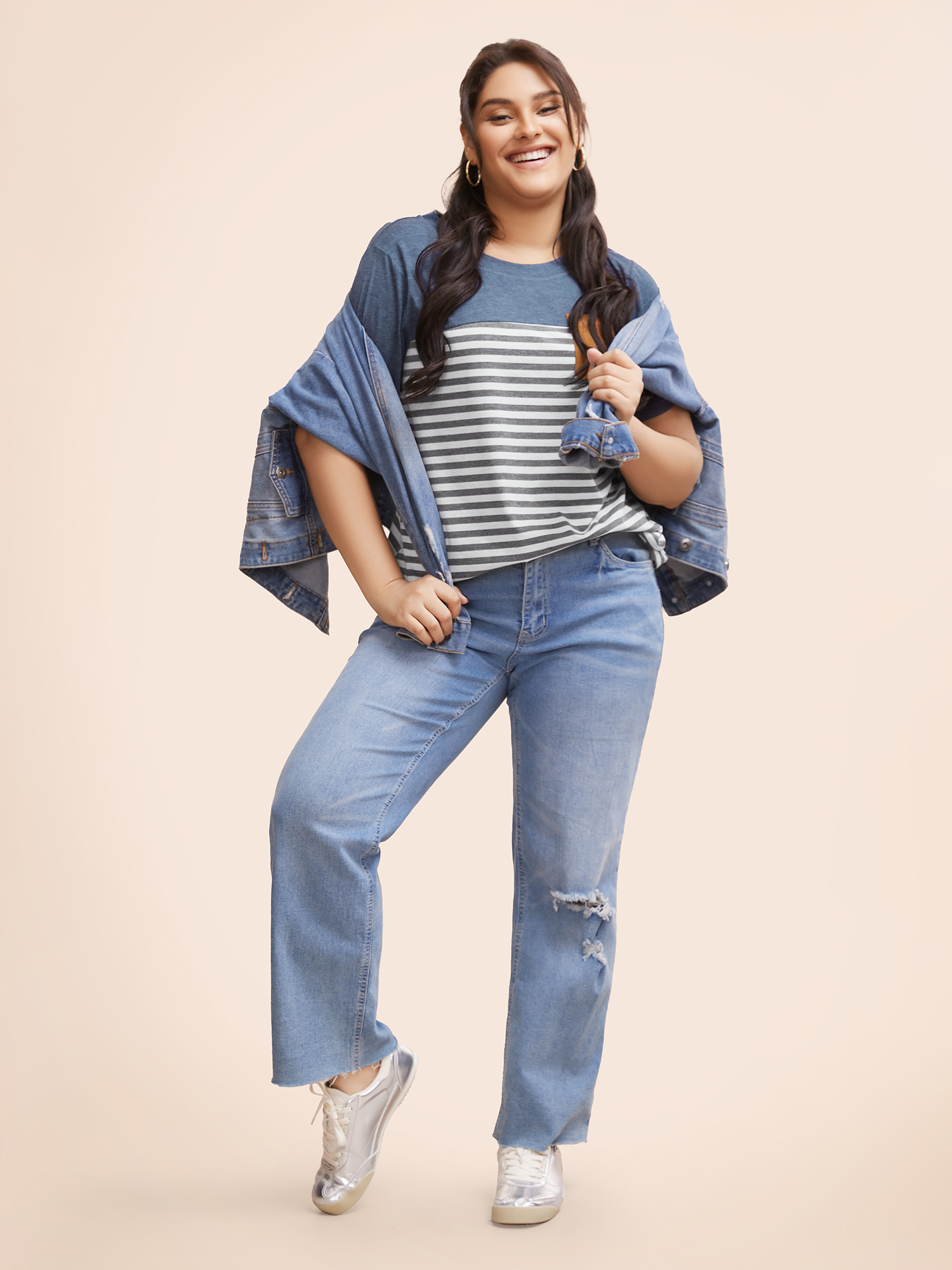 Plus Size Striped Patchwork Round Neck Patched Pocket T-shirt Multicolor Women Casual Patchwork Striped Round Neck Dailywear T-shirts BloomChic 28/5X 