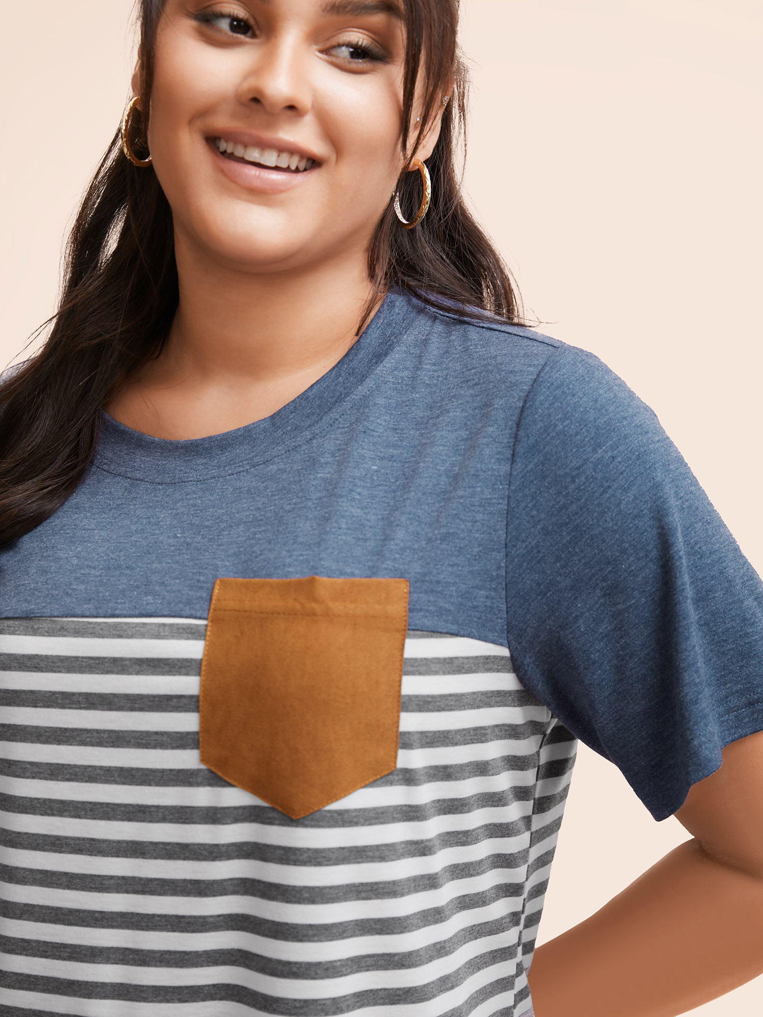 Plus Size Striped Patchwork Round Neck Patched Pocket T-shirt Multicolor Women Casual Patchwork Striped Round Neck Dailywear T-shirts BloomChic 28/5X 