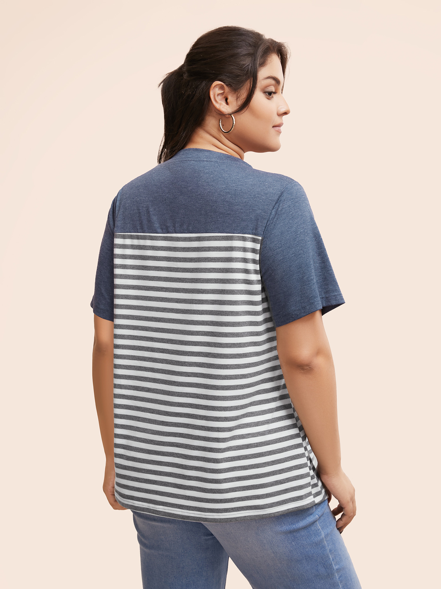 

Plus Size Striped Patchwork Round Neck Patched Pocket T-shirt Multicolor Women Casual Patchwork Striped Round Neck Dailywear T-shirts BloomChic