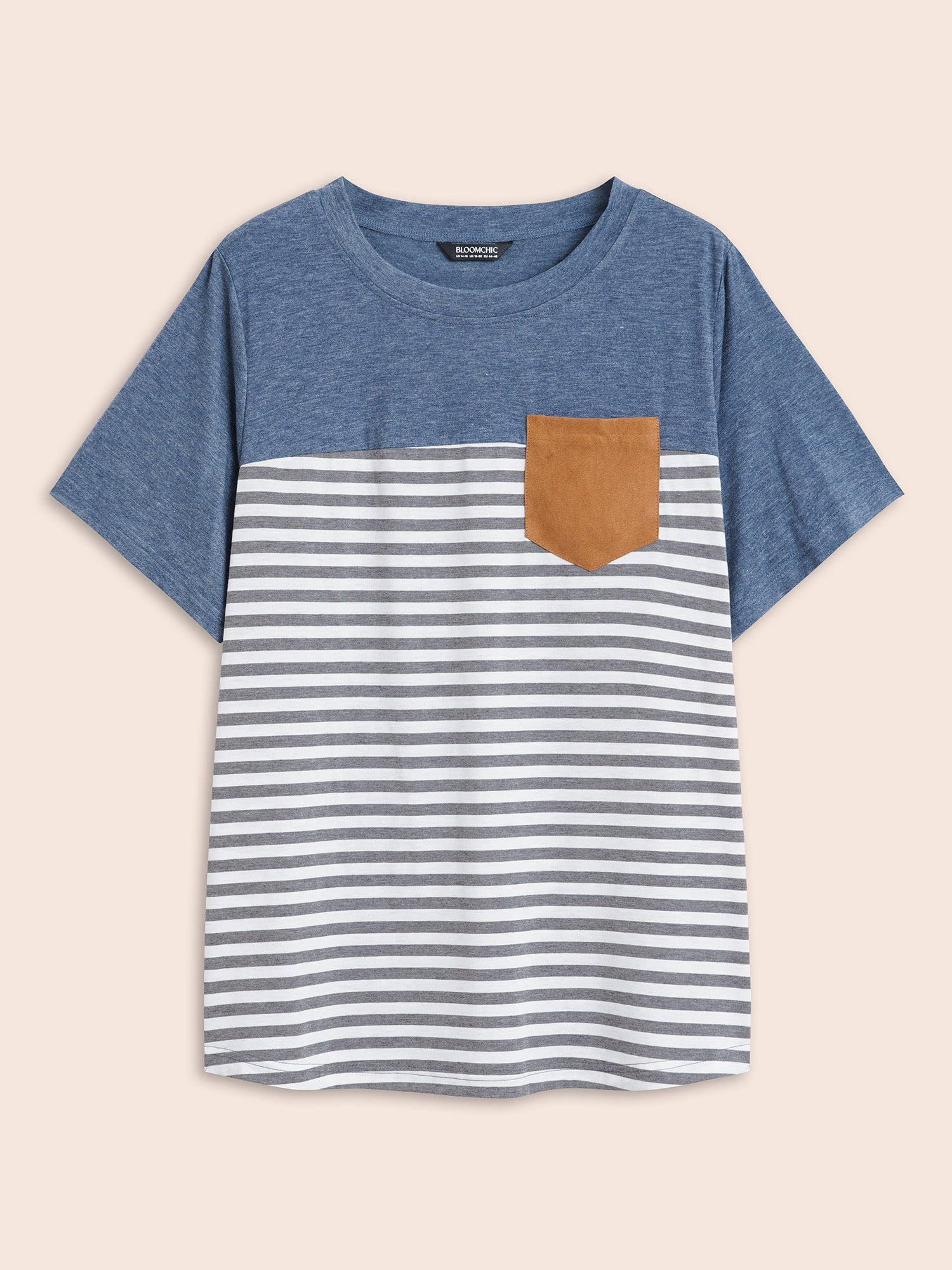 Plus Size Striped Patchwork Round Neck Patched Pocket T-shirt Multicolor Women Casual Patchwork Striped Round Neck Dailywear T-shirts BloomChic 28/5X 