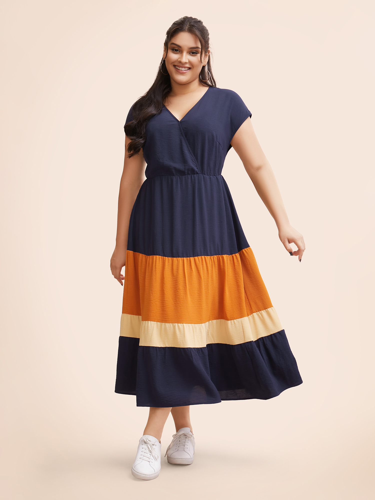 

Plus Size Colorblock Contrast Pocket Wrap Flutter Tiered Tank Dress DarkBlue Women Casual Wrap V-neck Cap Sleeve Curvy Midi Dress BloomChic