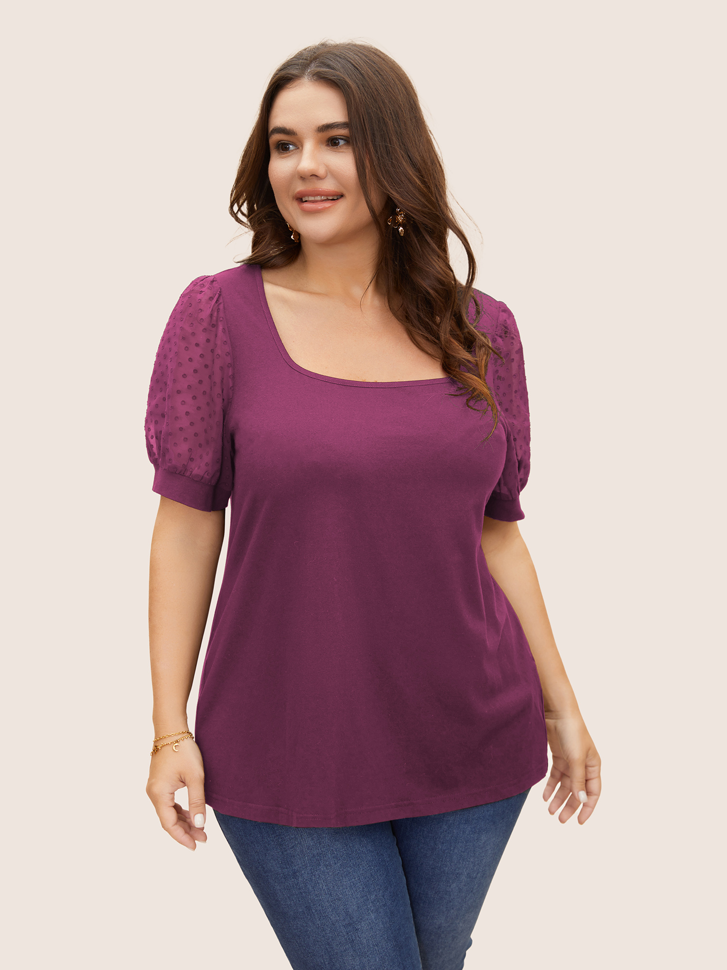 

Plus Size Jacquard Decor Cotton Top RedViolet Women Elegant See through Square Neck Everyday T-shirts BloomChic