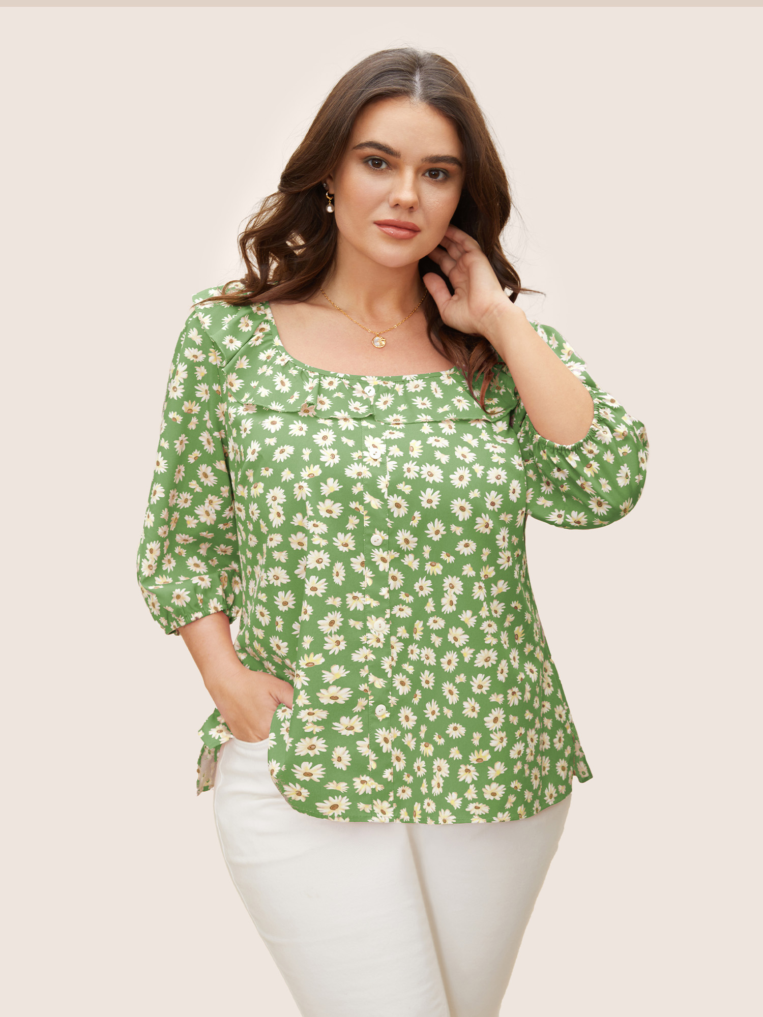 

Plus Size LightGreen Daisy Patterned Ruffled Collar Blouse Women Elegant Elbow-length sleeve Square Neck Everyday Blouses BloomChic