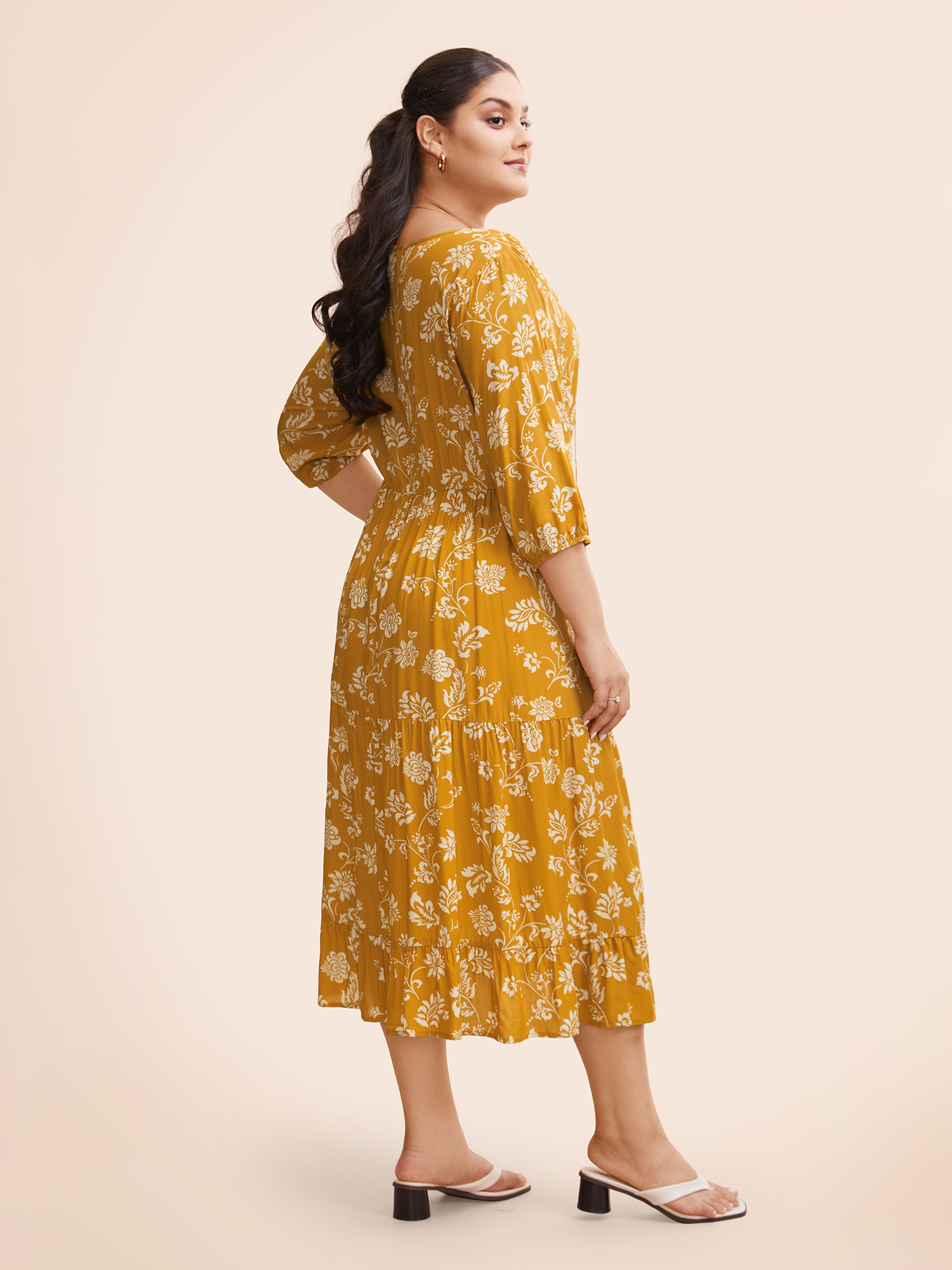 

Plus Size Floral Lantern Sleeve Ruffle Layered Hem Dress Yellowishbrown Women Elegant Tie knot V-neck Elbow-length sleeve Curvy BloomChic