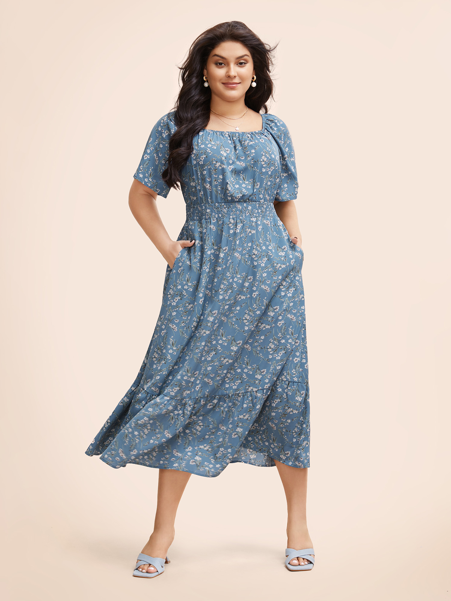 

Plus Size Ditsy Floral Pocket Square Neck Shirred Ruffles Dress Stone Women Elegant Non Square Neck Short sleeve Curvy Midi Dress BloomChic