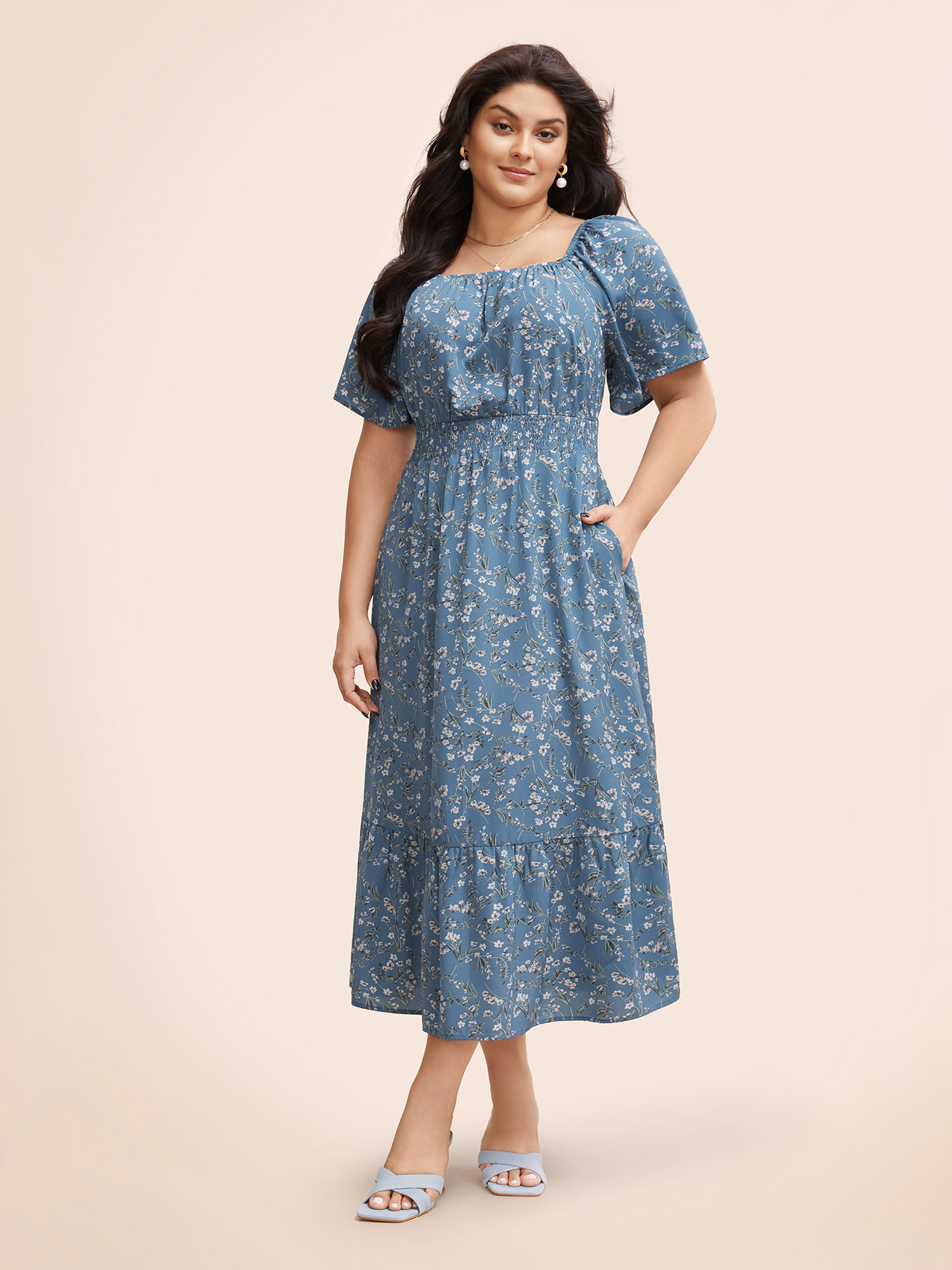 

Plus Size Ditsy Floral Pocket Square Neck Shirred Ruffles Dress Stone Women Elegant Non Square Neck Short sleeve Curvy Midi Dress BloomChic