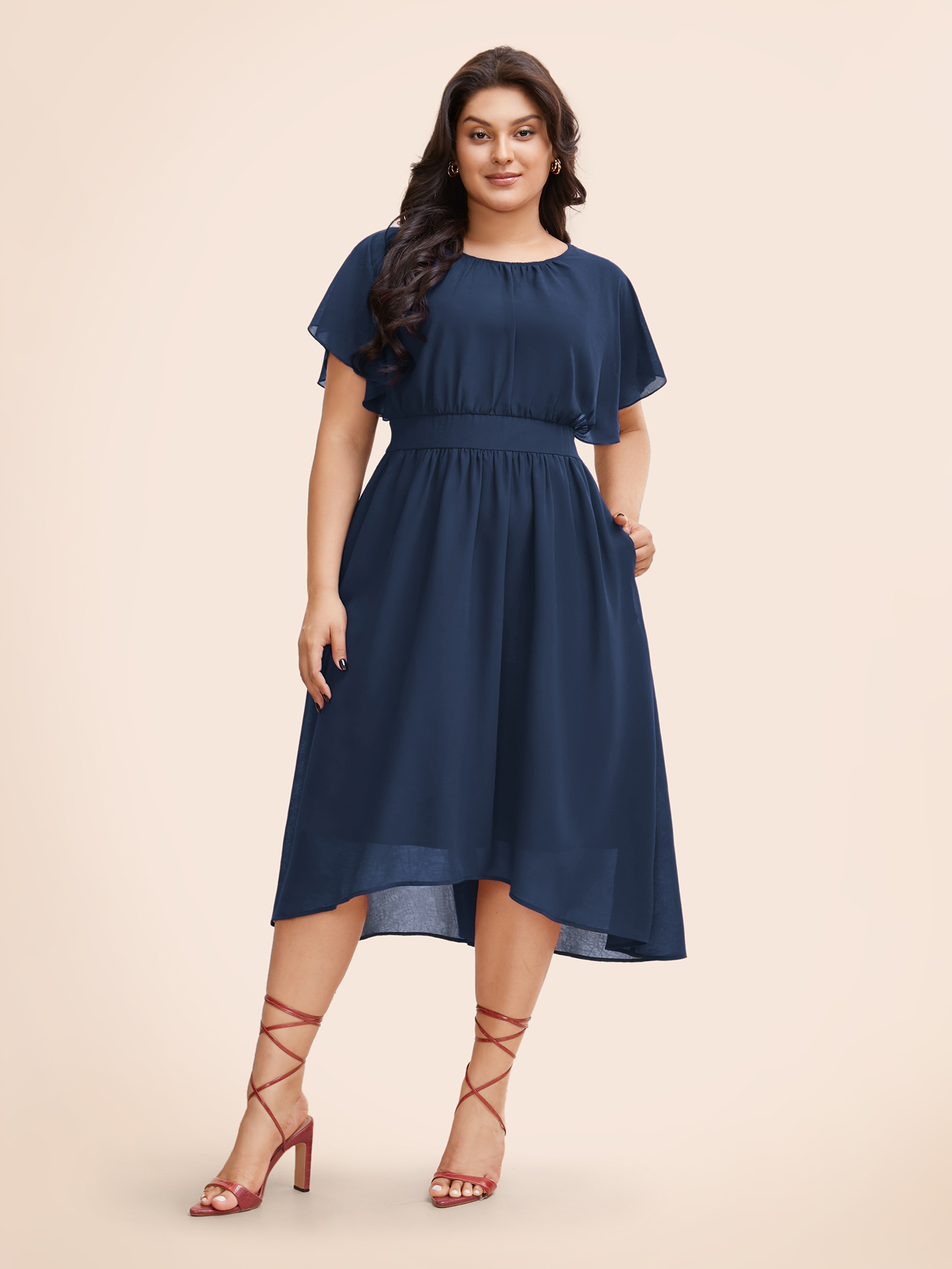 

Plus Size Solid Round Neck Pocket Shirred Back Mesh Ruffles Dress DarkBlue Women Elegant Lined Round Neck Cap Sleeve Curvy Midi Dress BloomChic