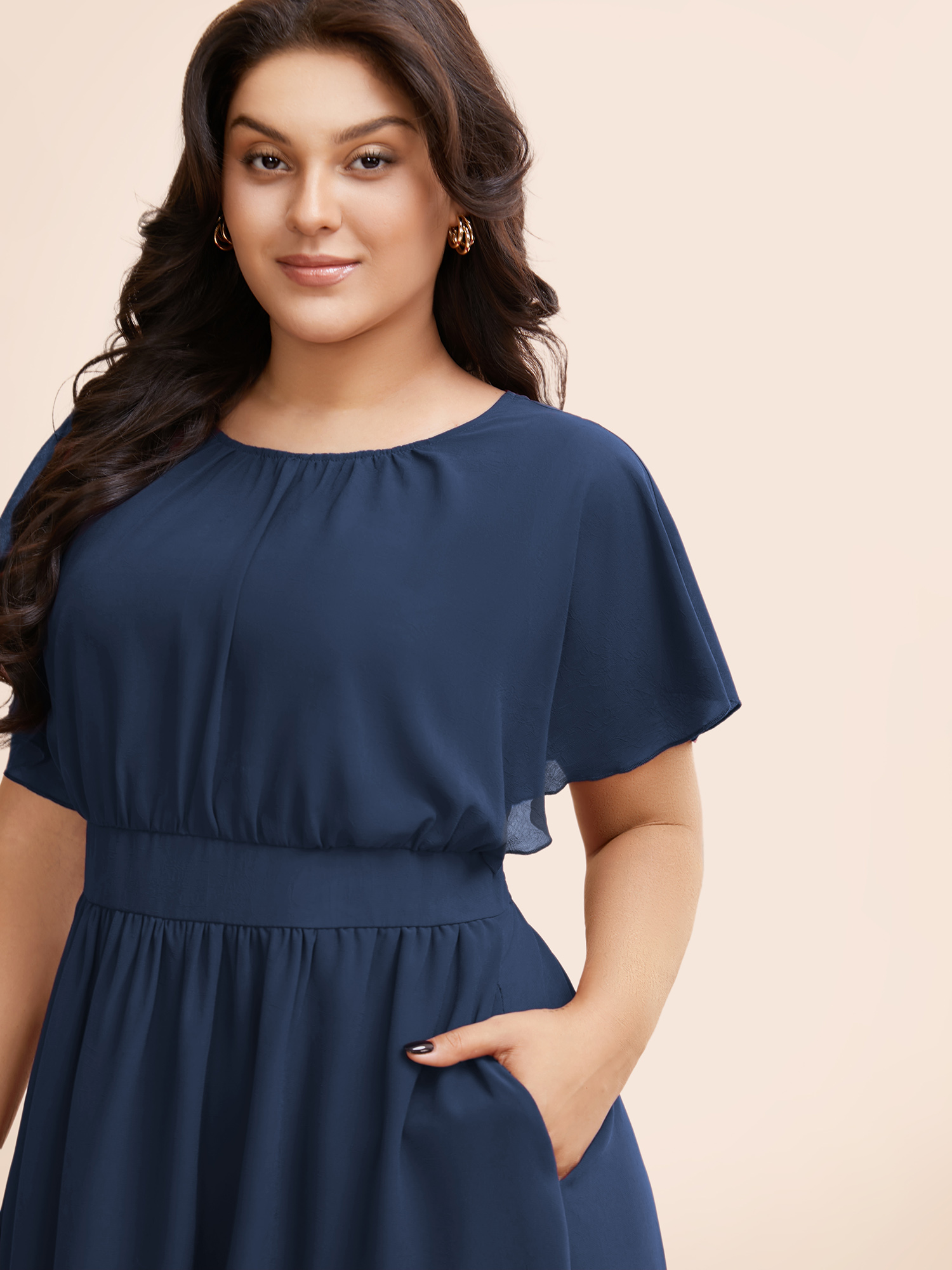 

Plus Size Solid Round Neck Pocket Shirred Back Mesh Ruffles Dress DarkBlue Women Elegant Lined Round Neck Cap Sleeve Curvy Midi Dress BloomChic
