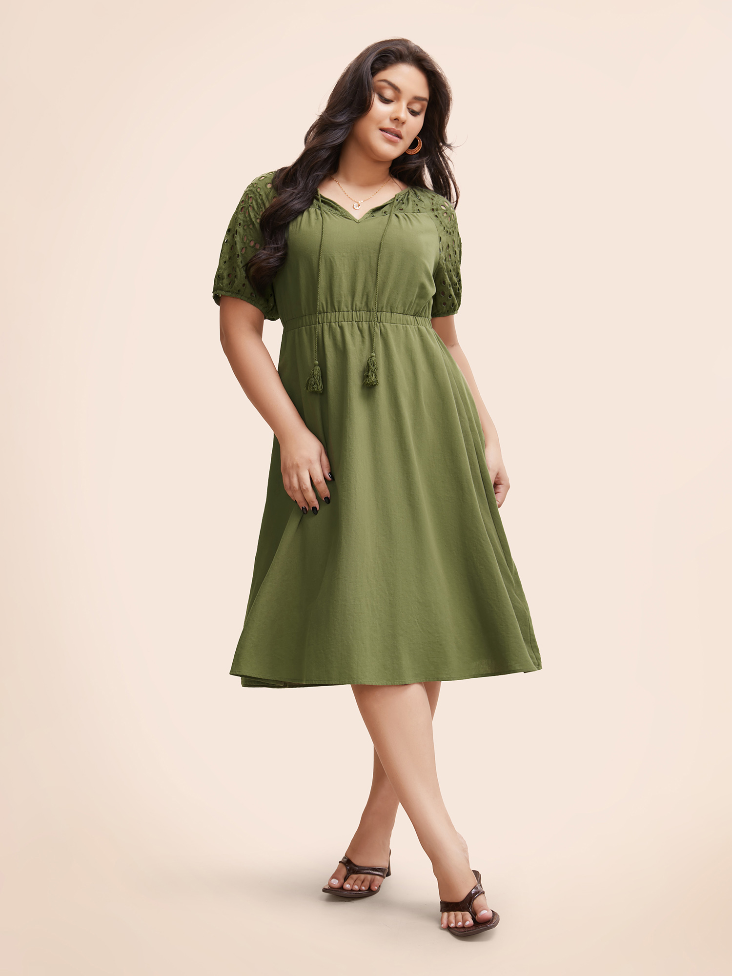 

Plus Size Broderie Anglaise Tassels Tie Knot Dress ArmyGreen Women Elegant Tie knot V-neck Short sleeve Curvy BloomChic