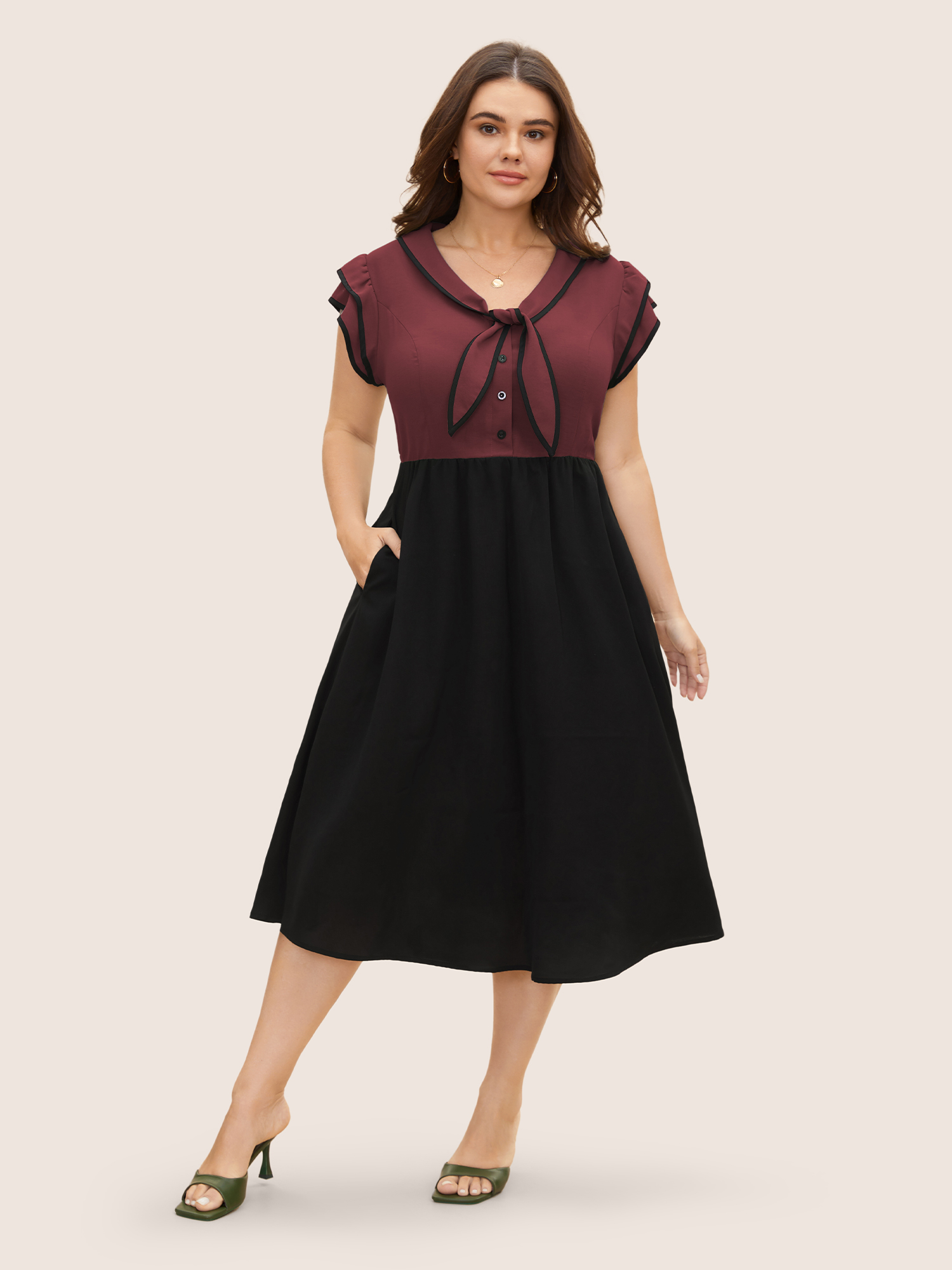 

Plus Size Two-colored Knot Tie Midi Dress Burgundy Women Elegant Tie knot V-neck Cap Sleeve Curvy BloomChic