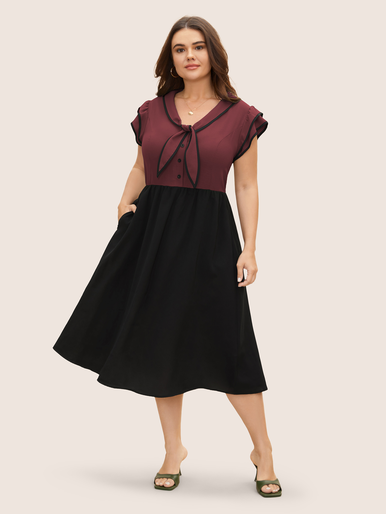 Plus Size Two-colored Knot Tie Midi Dress Burgundy Women Elegant Tie knot V-neck Cap Sleeve Curvy BloomChic 14-16/1X 