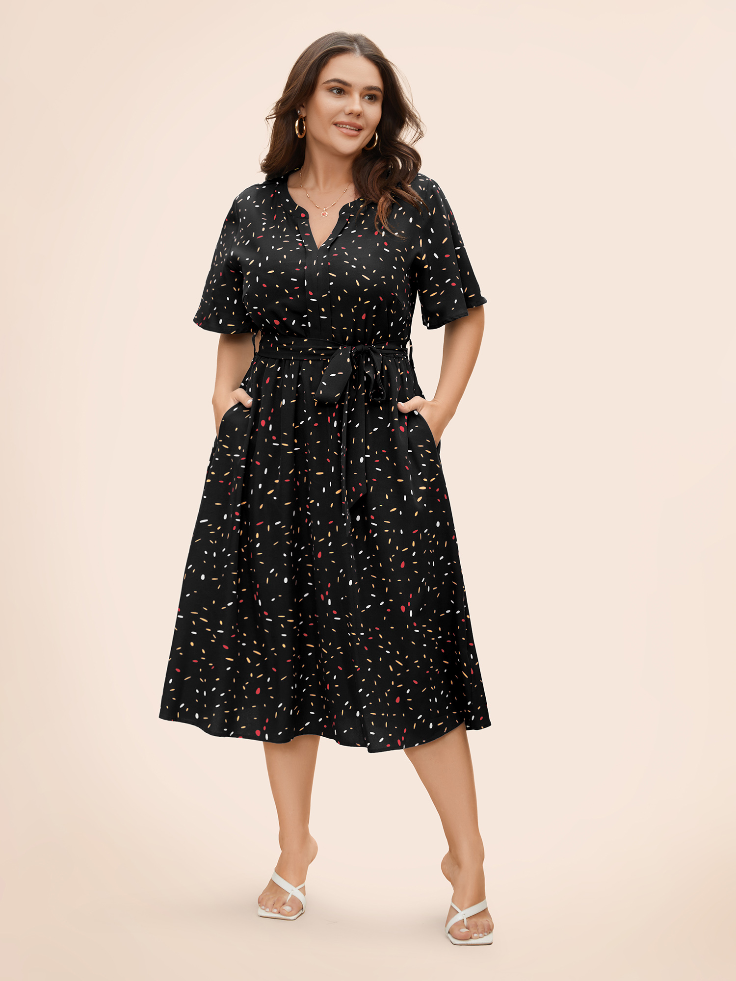 

Plus Size Split Neck Confetti Print Midi Dress Black Women Elegant Belted Notched collar Short sleeve Curvy BloomChic